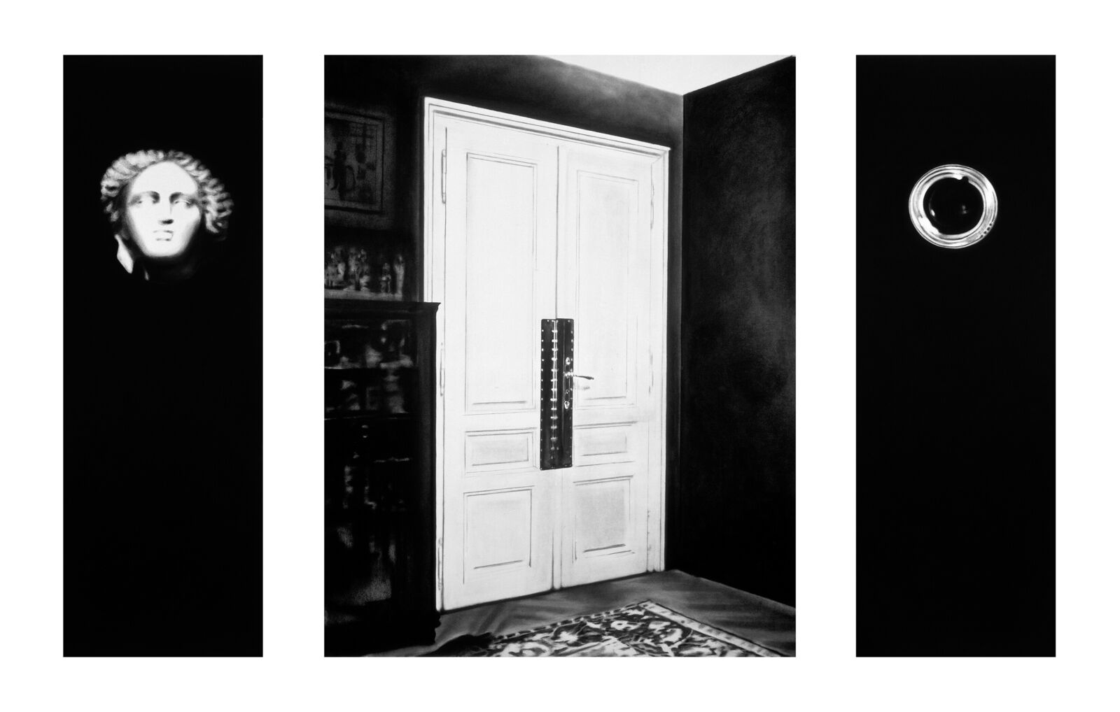 A gallery wall of black and white framed photographs showcasing interior details.