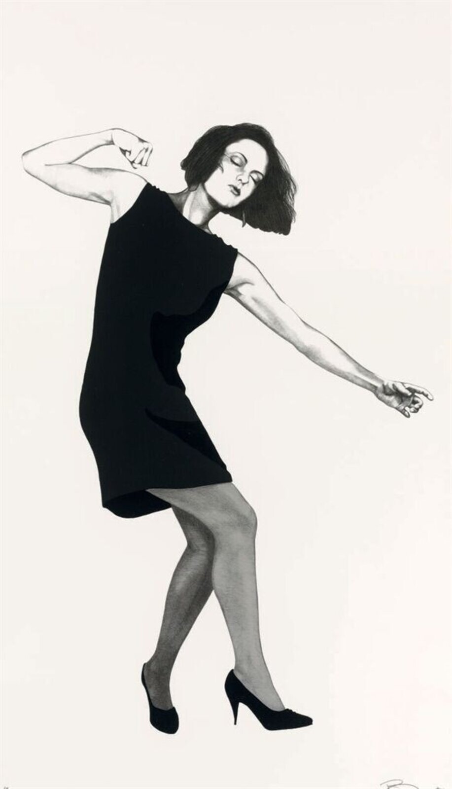 A dynamic black-and-white drawing of a figure in motion, captured mid-dance with expressive energy.