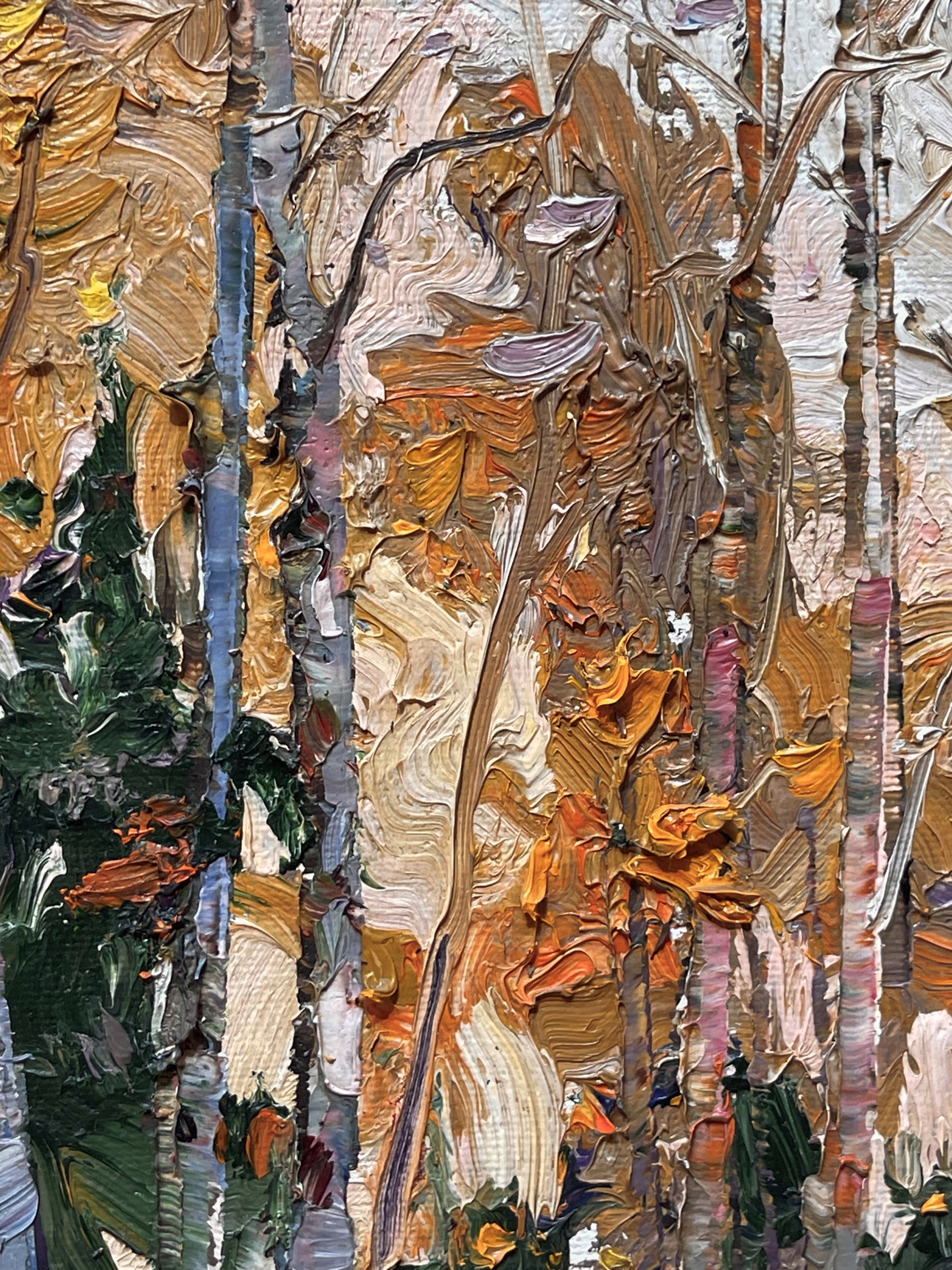 A painting of a group of birch trees in a forest.