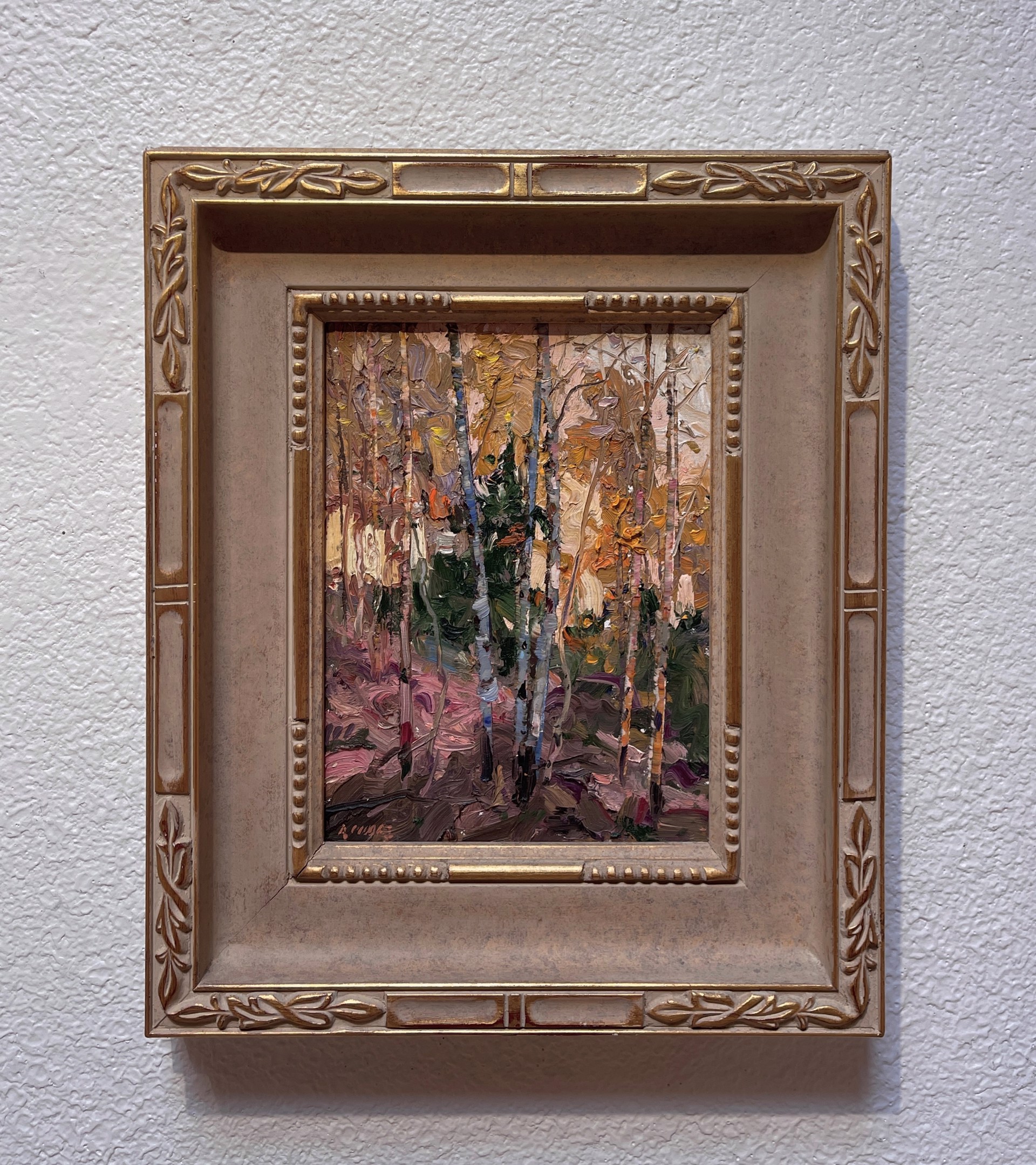 A painting of a group of birch trees in a forest.