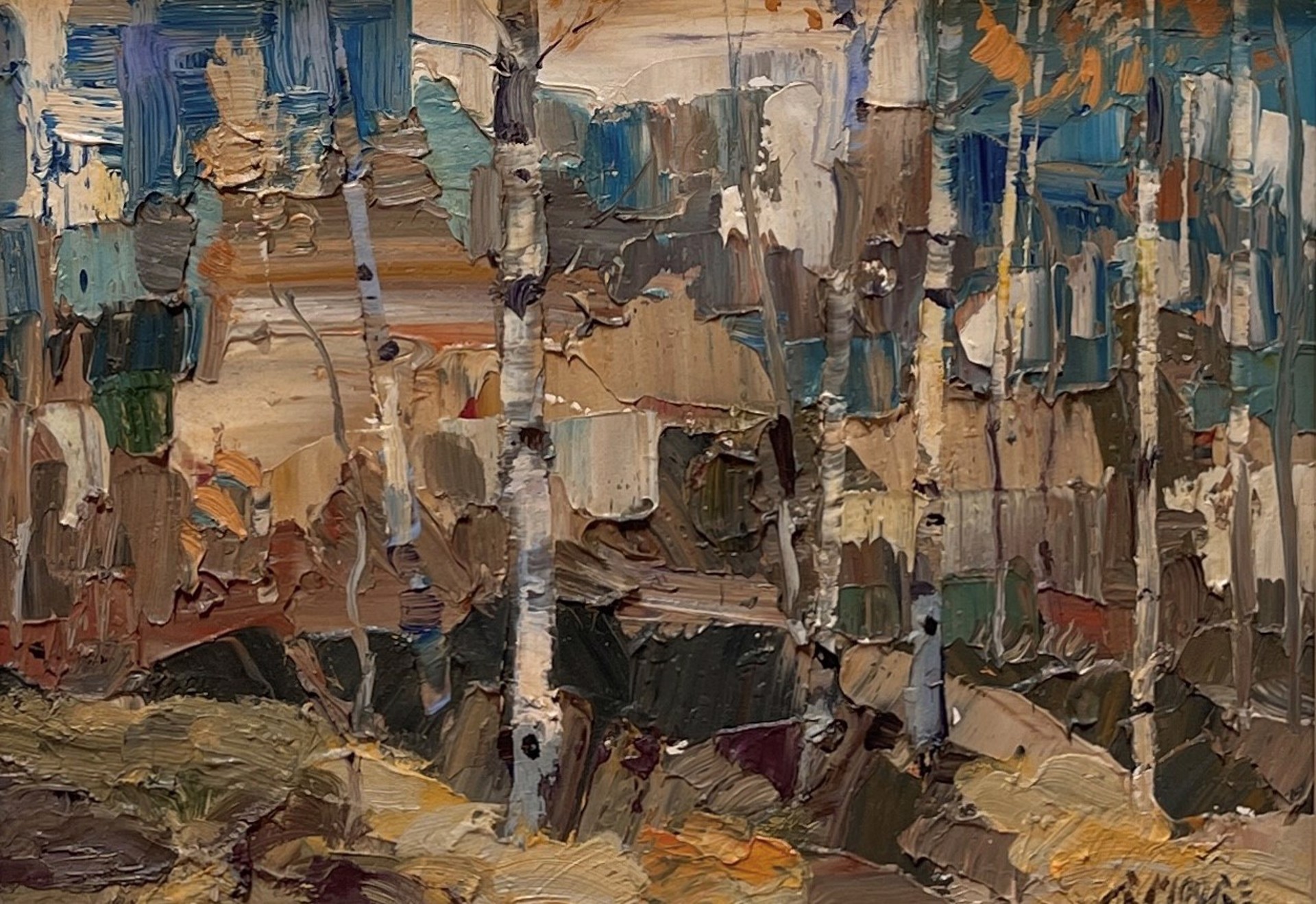 A painting of a forest with trees in the background.