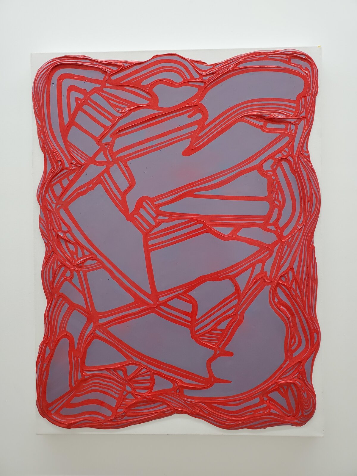 A textured abstract piece featuring a red, organic network over a translucent purple background.