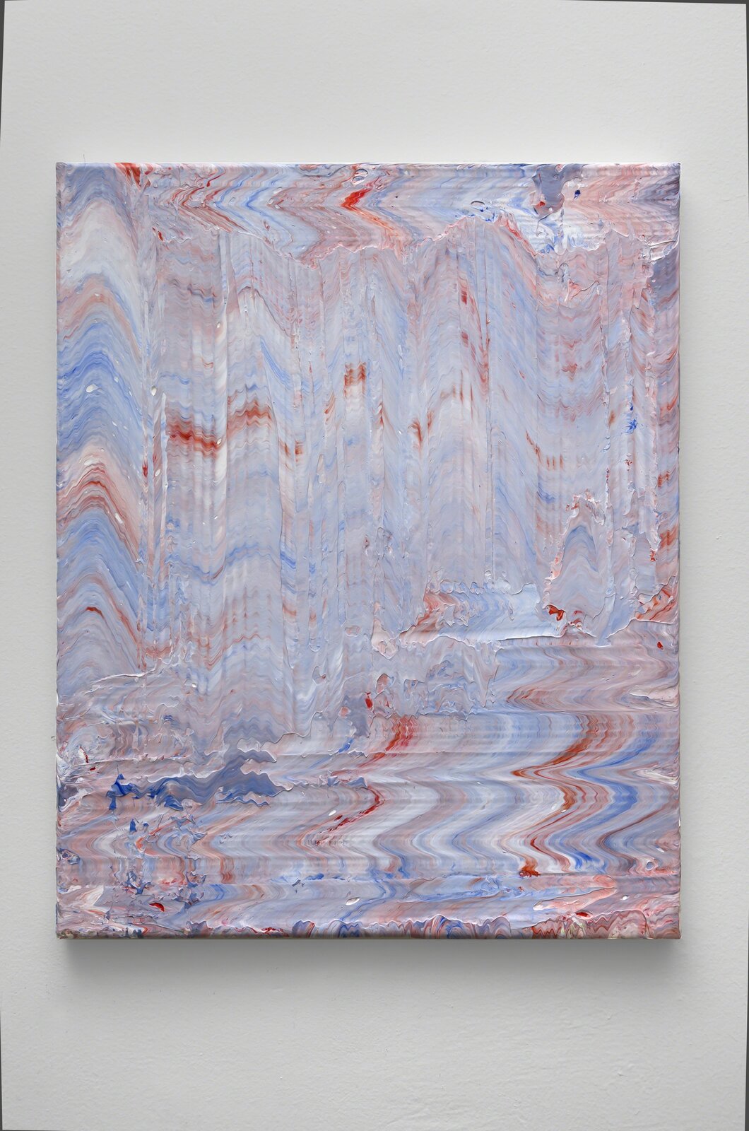 A vertical abstract painting featuring layered, wavy textures in red, blue, and white.