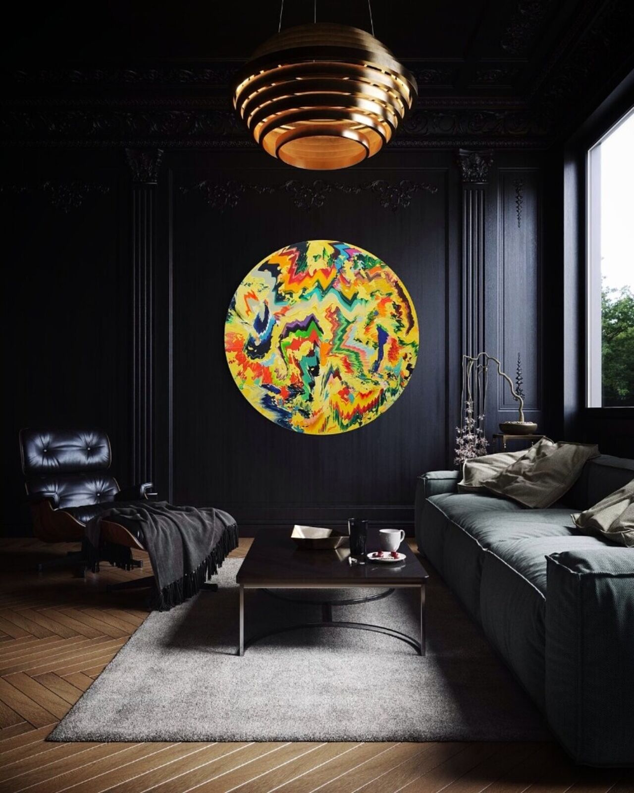 A vibrant, circular abstract painting featuring thick impasto strokes of bold colors.