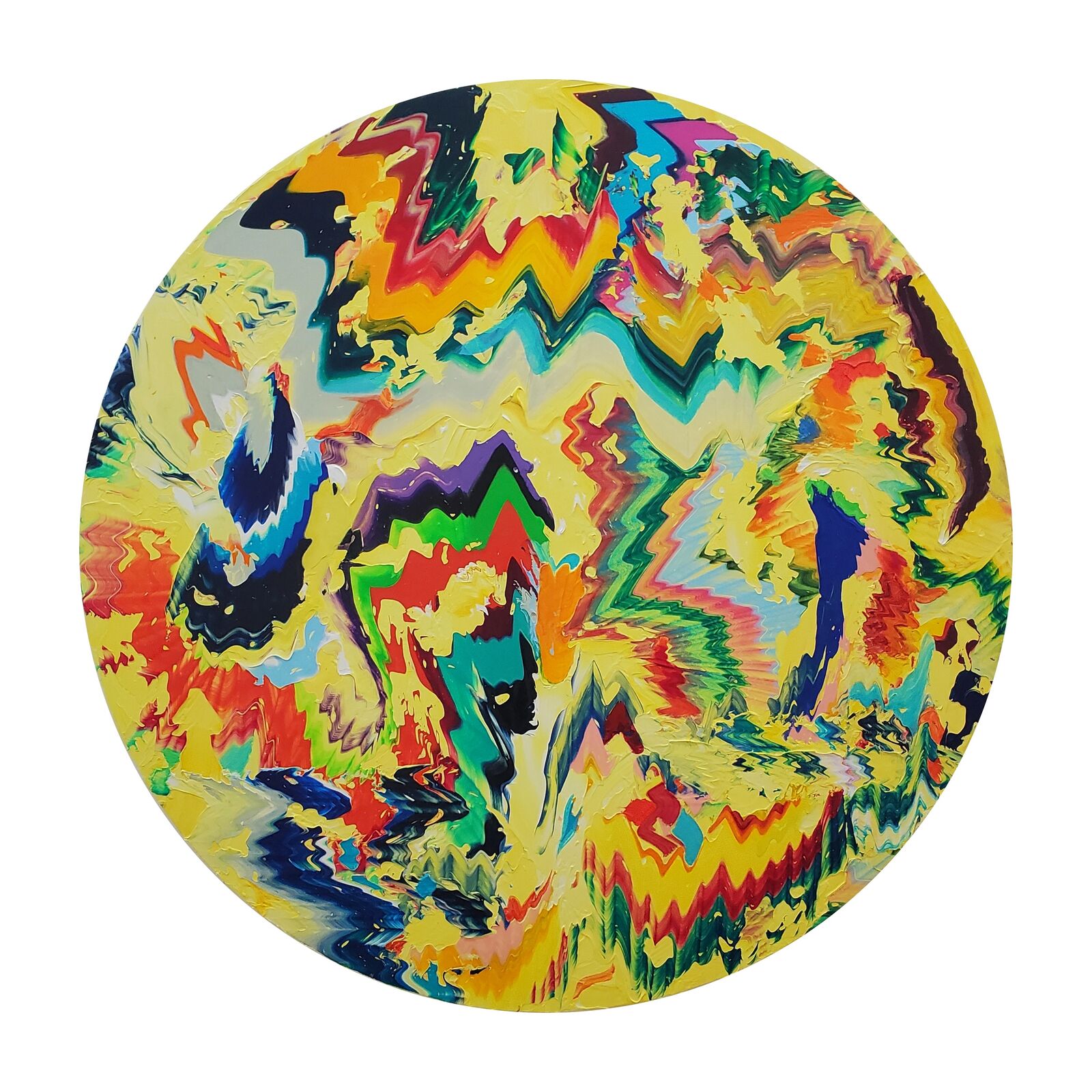 A vibrant, circular abstract painting featuring thick impasto strokes of bold colors.