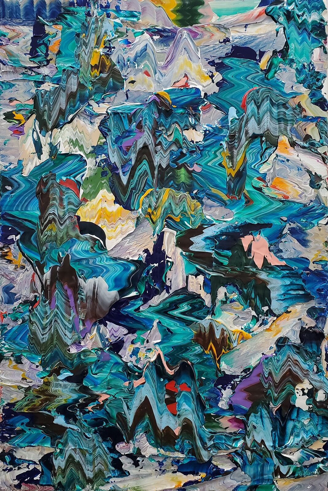 A vibrant abstract landscape featuring a distorted, mountainous terrain rendered in thick, swirling paint.