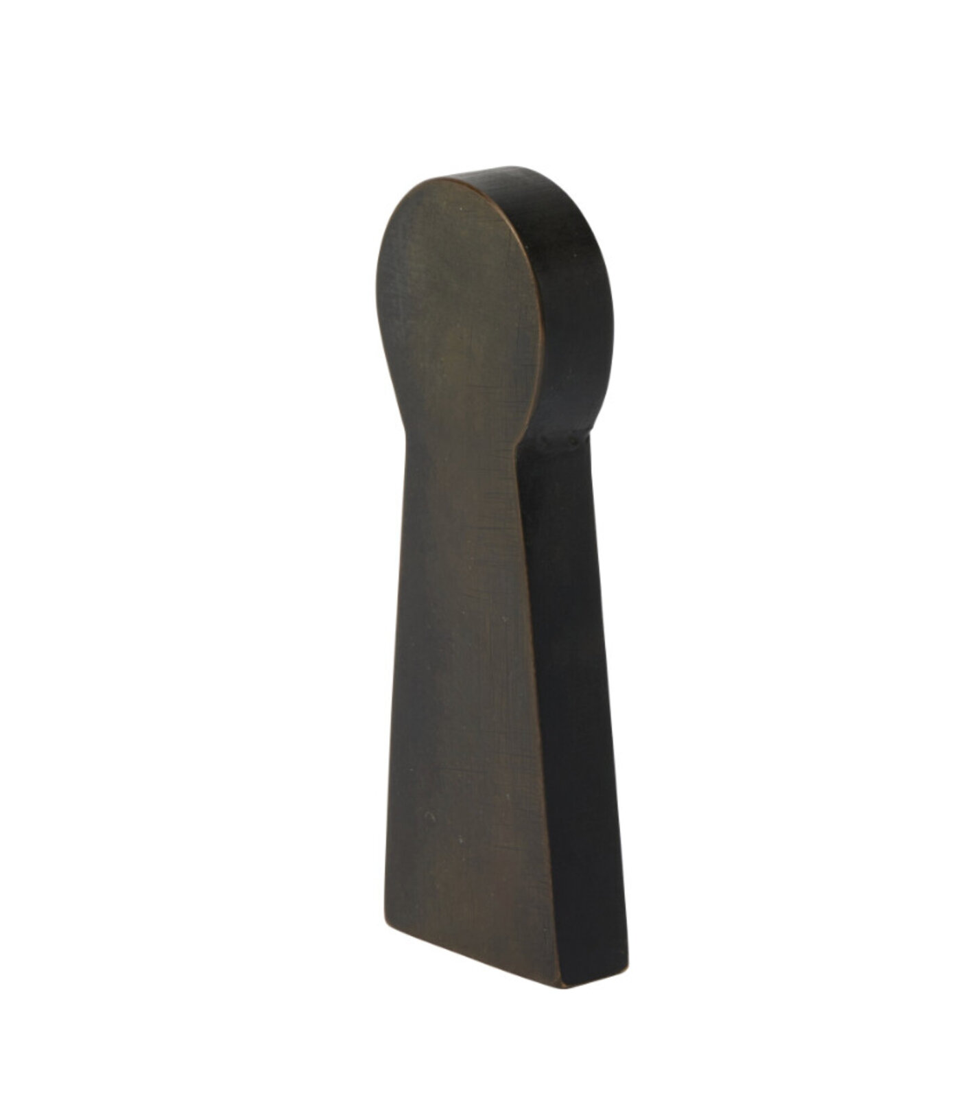 A minimalist black sculpture shaped like a keyhole against a stark white background.