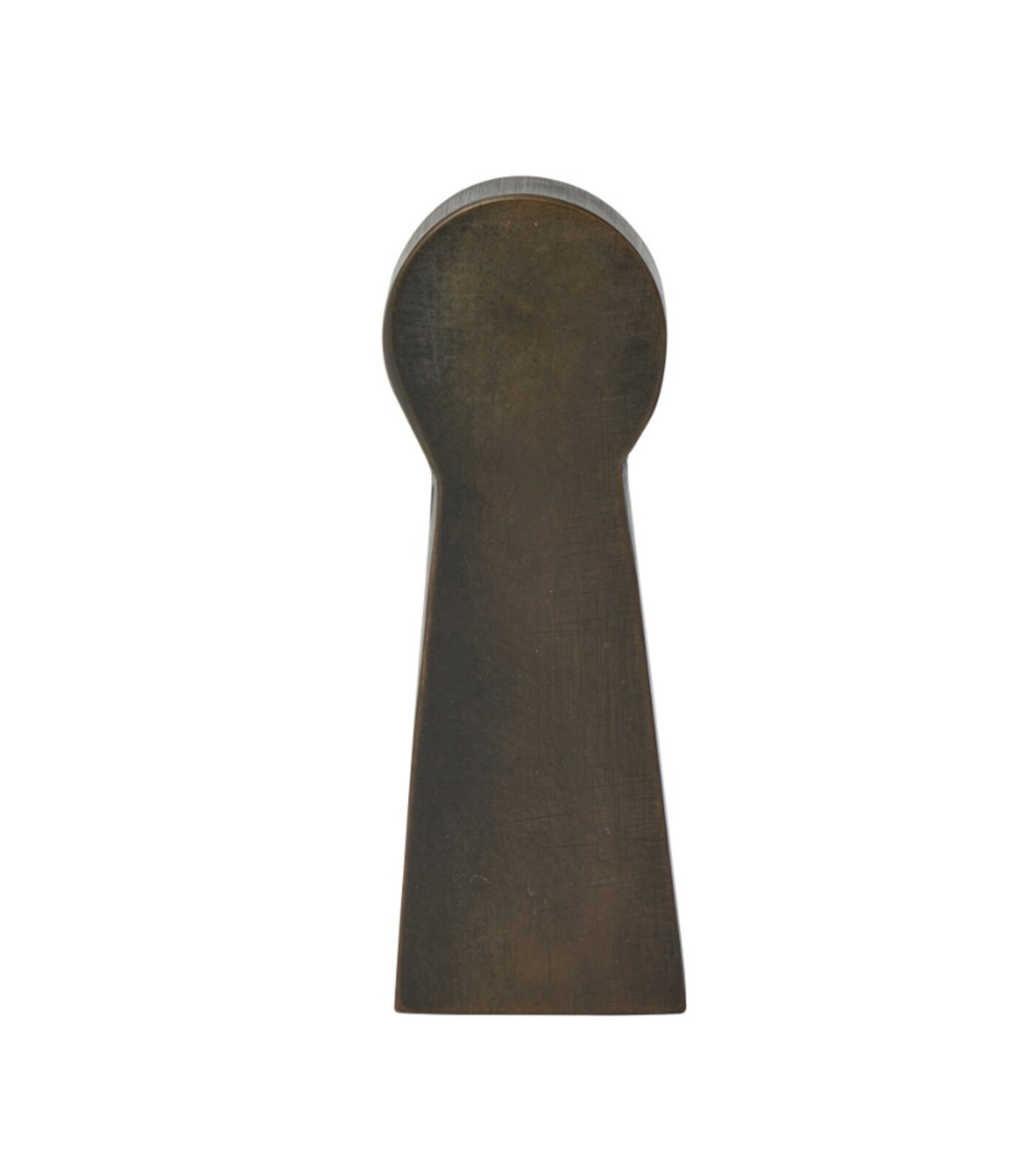 A minimalist black sculpture shaped like a keyhole against a stark white background.