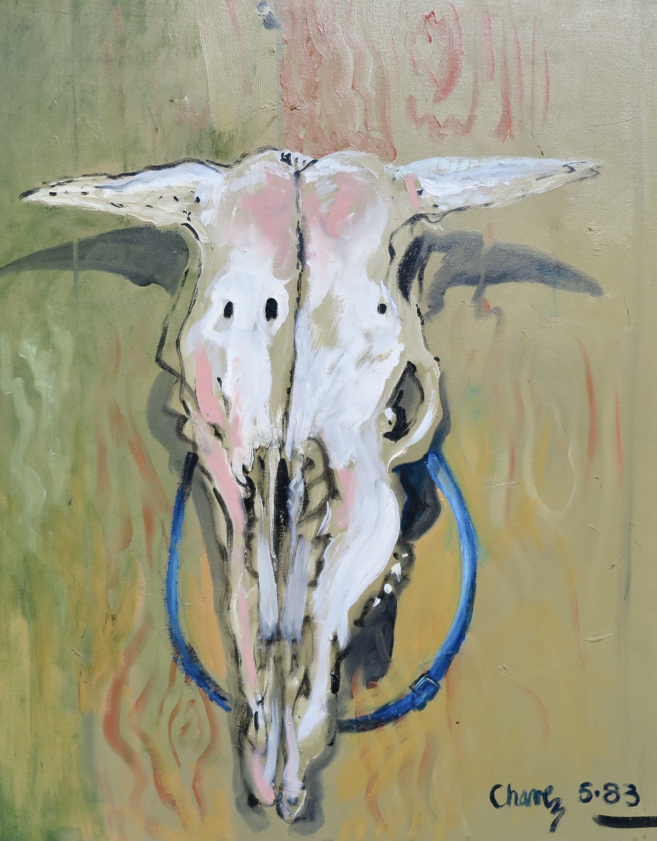 A painting of a cow skull with horns on a green background.