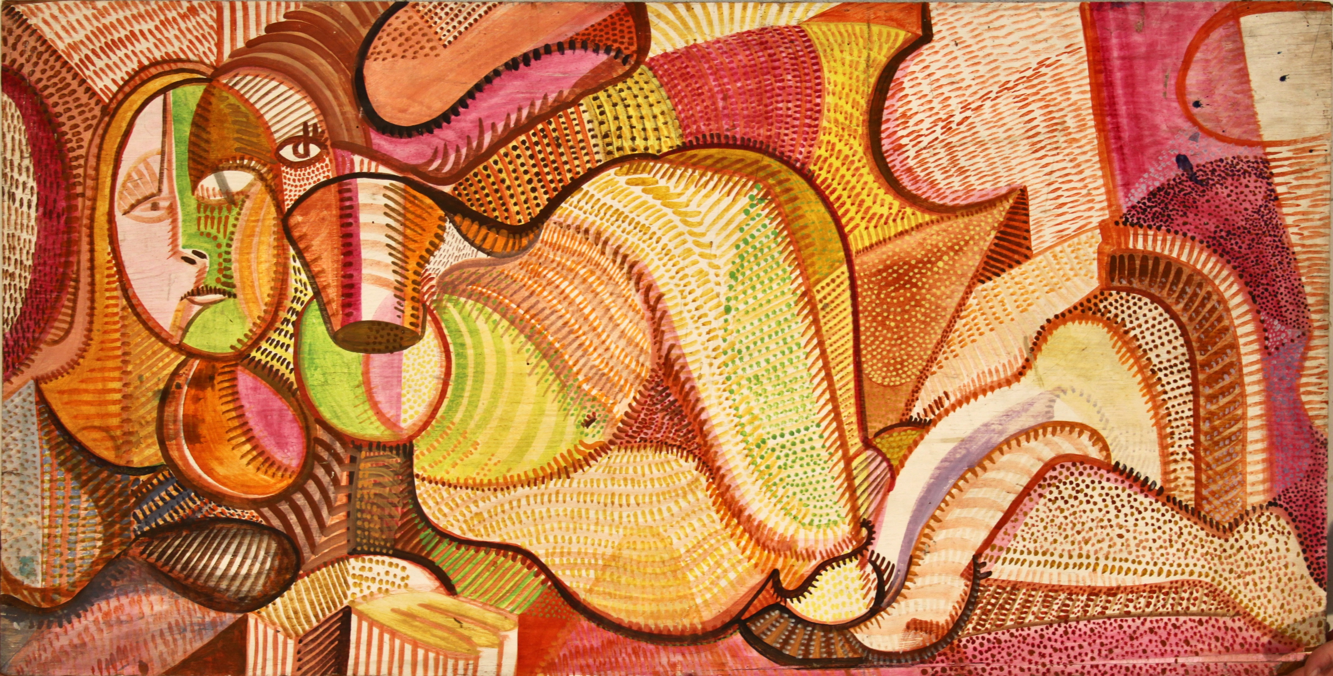 A painting of a woman laying down on a bed.
