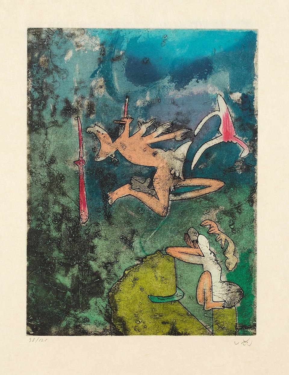 A painting of a man and a woman on a rock with a sword.