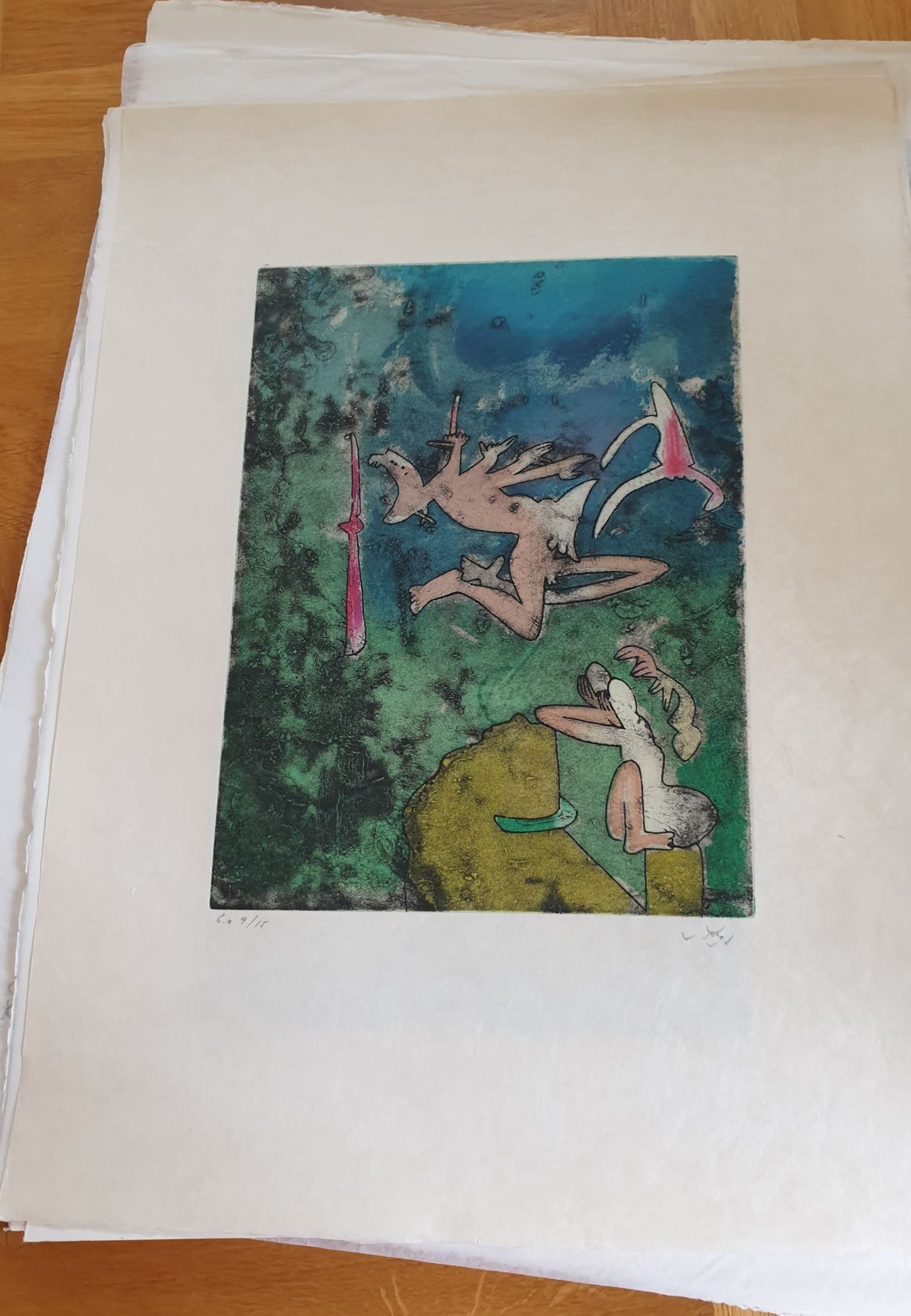 A painting of a man and a woman on a rock with a sword.