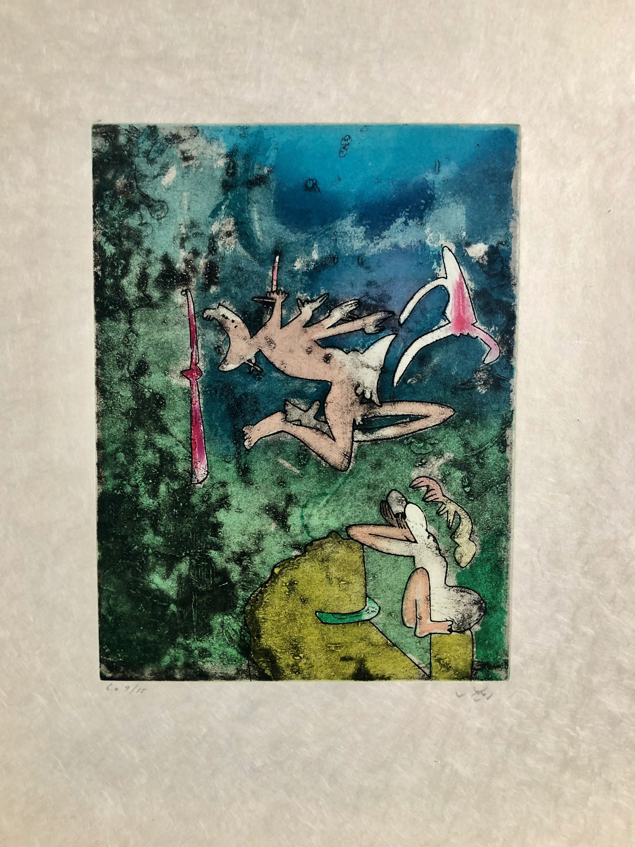 A painting of a man and a woman on a rock with a sword.