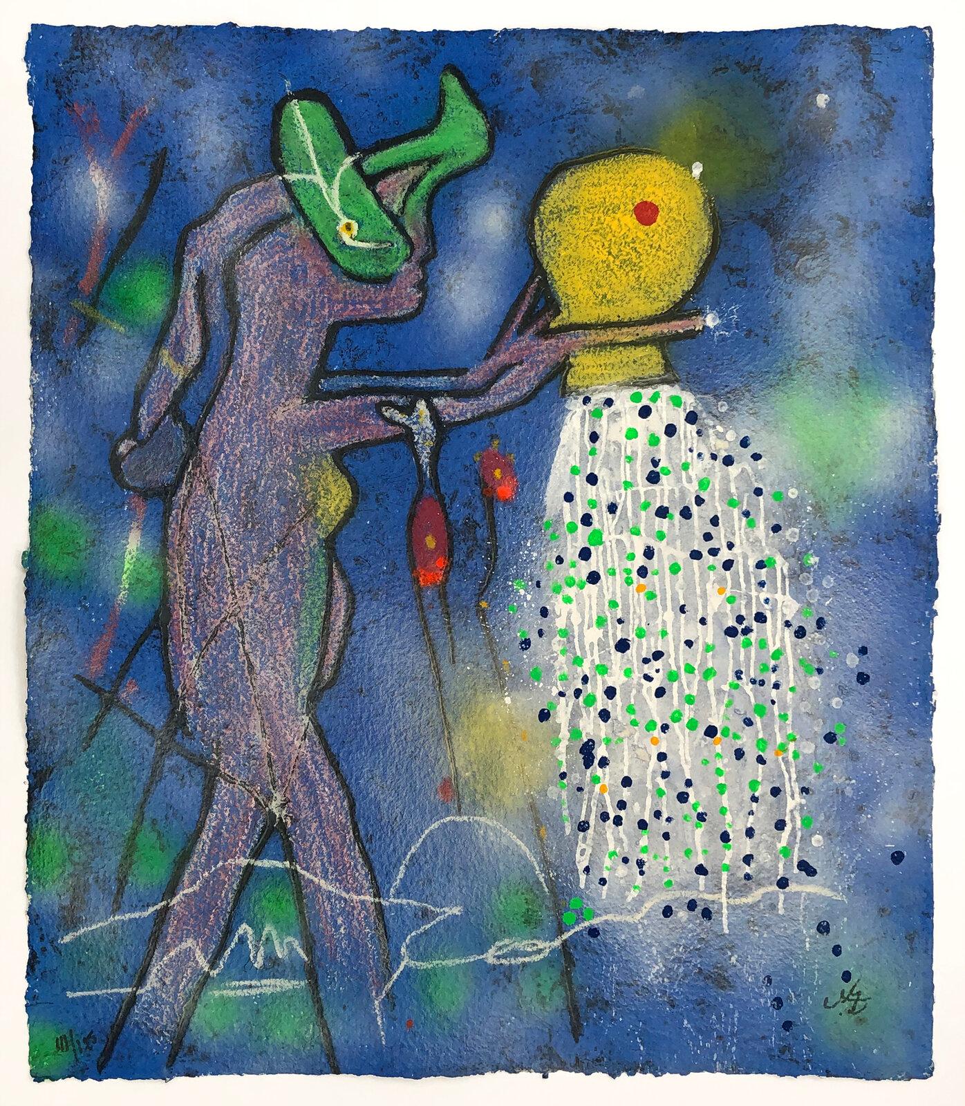 A surreal composition featuring a figure with a green mask interacting with a yellow orb that emits colorful dots.