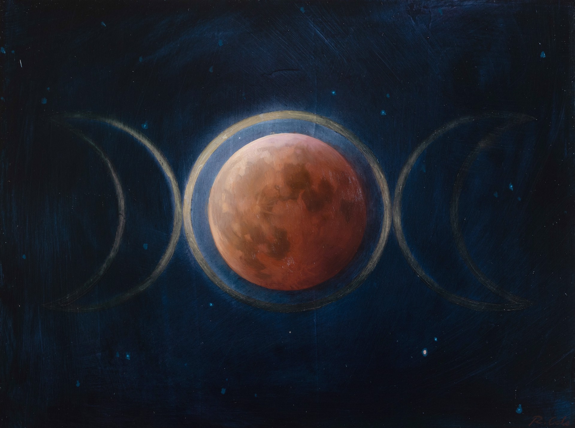 A painting of three phases of the moon in the night sky.