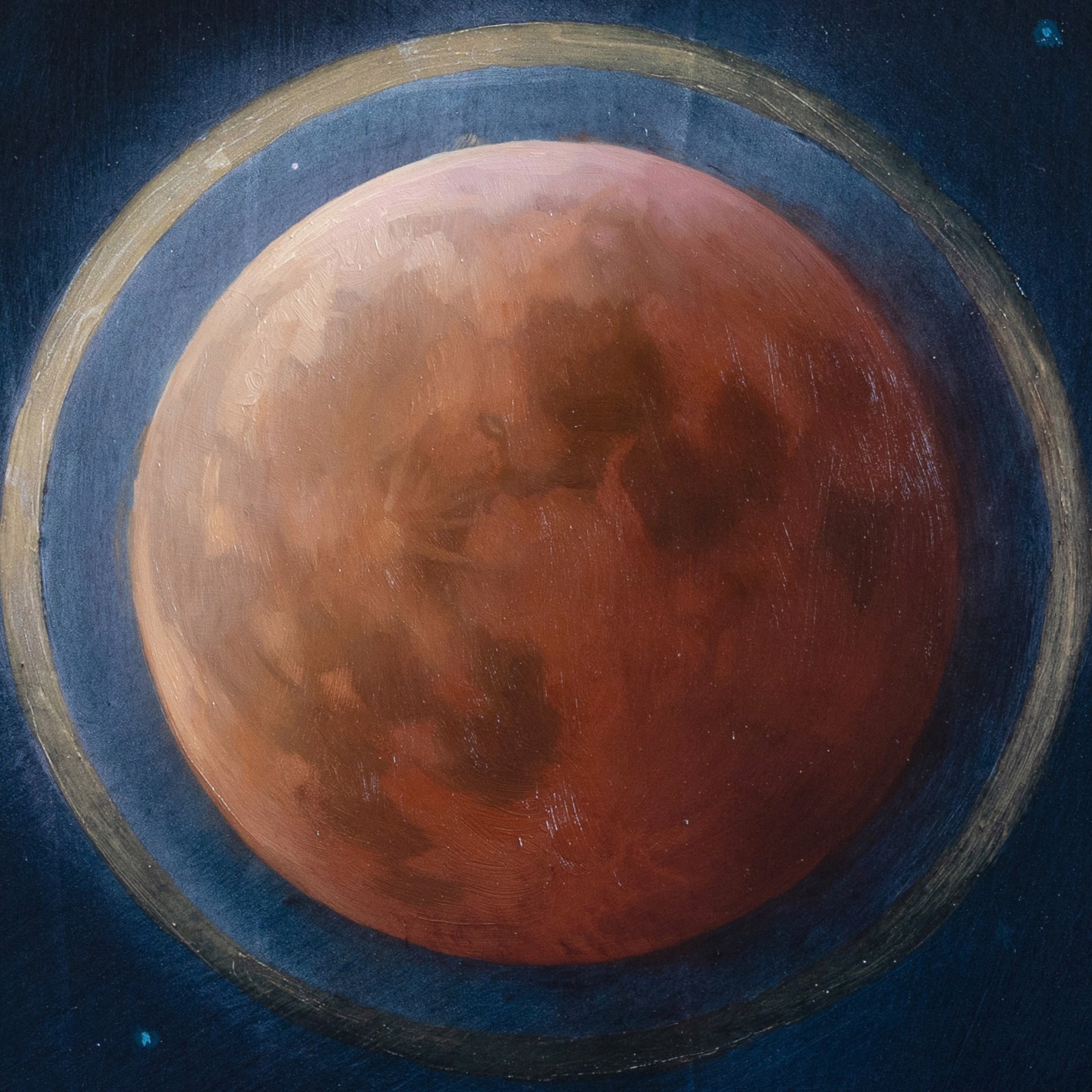 A painting of three phases of the moon in the night sky.