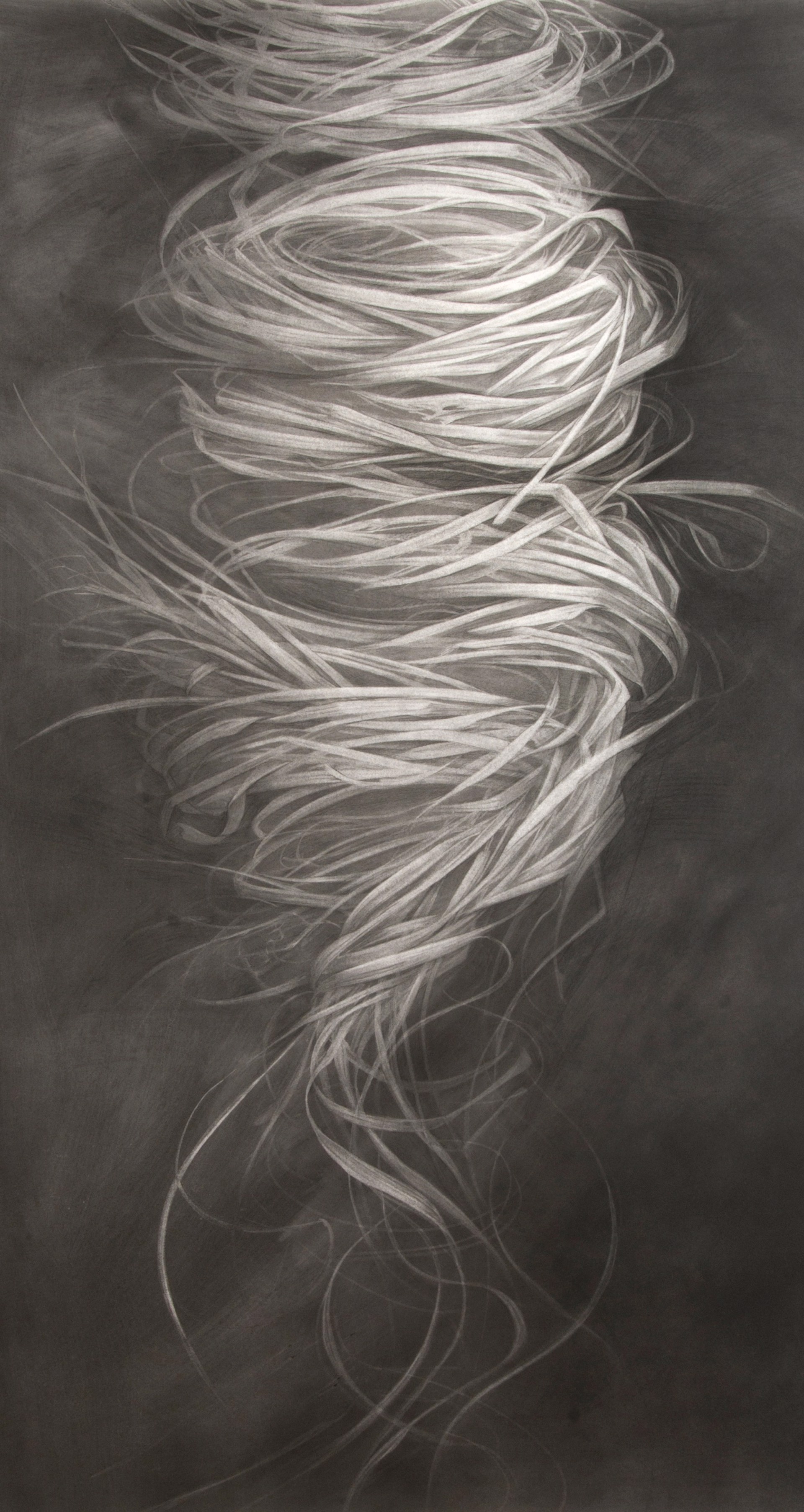A black and white drawing of a spiral of hair.