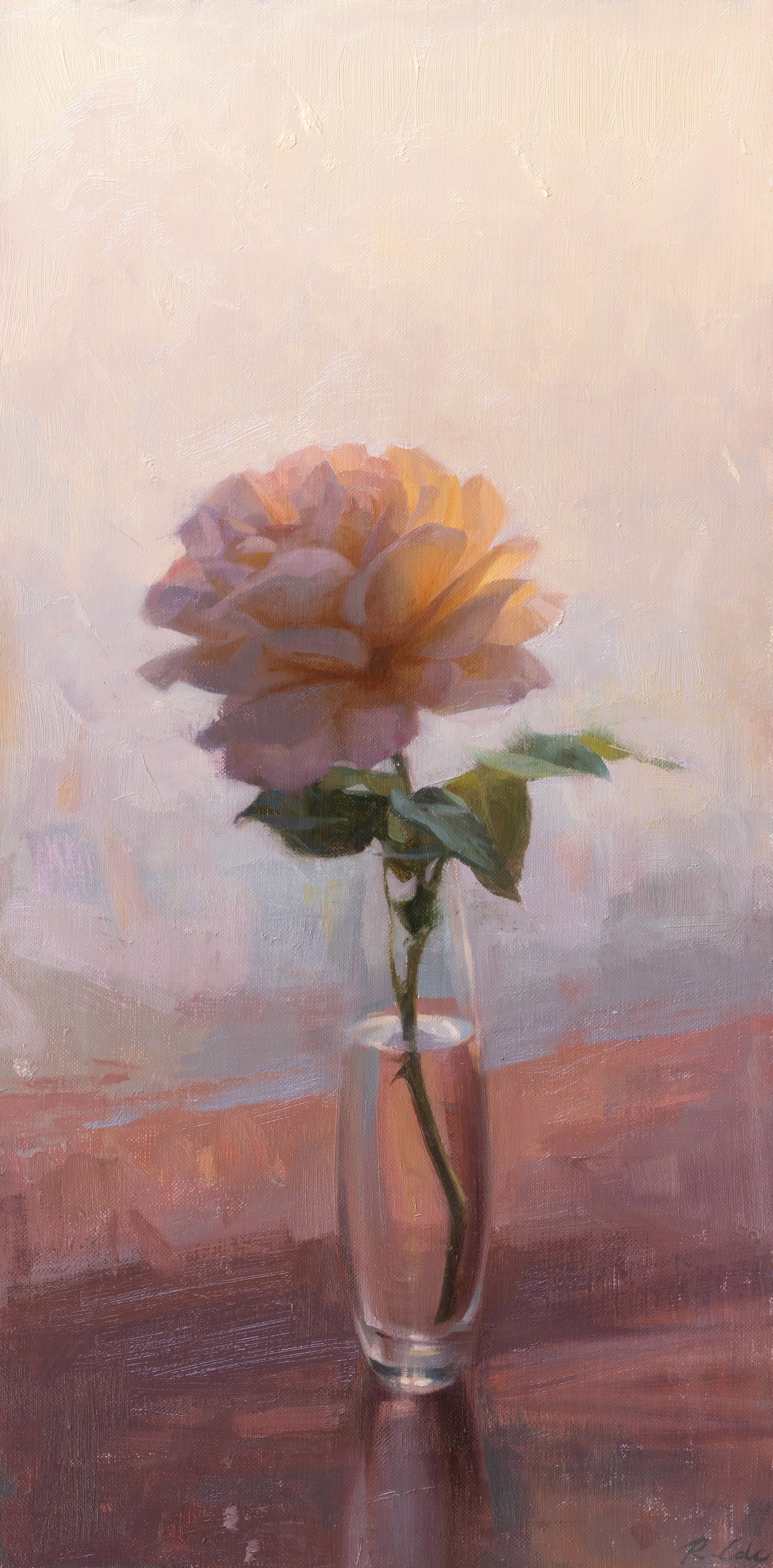 A soft, impressionistic still life of a single rose in a glass vase.