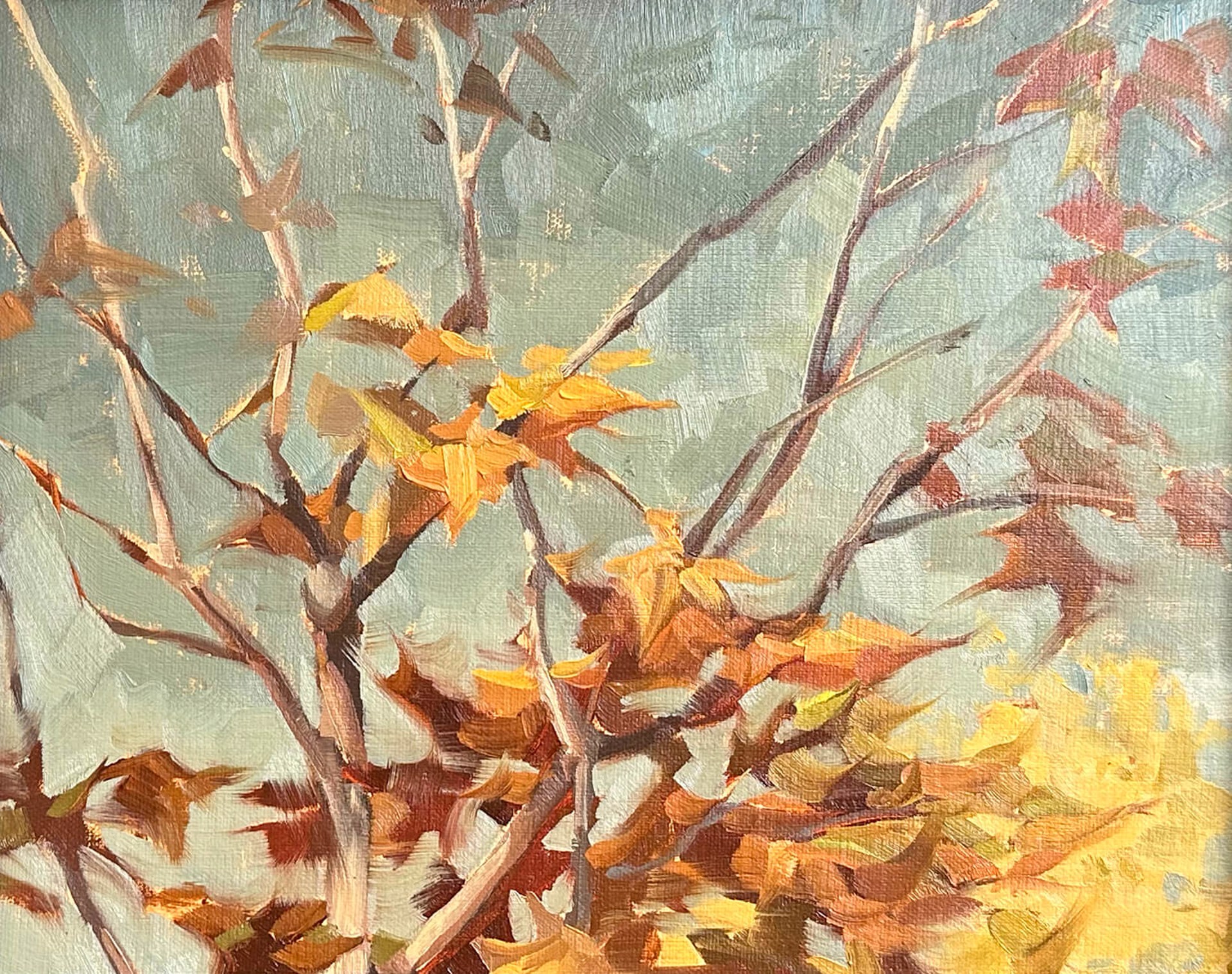 A painting of a tree with yellow leaves on it.