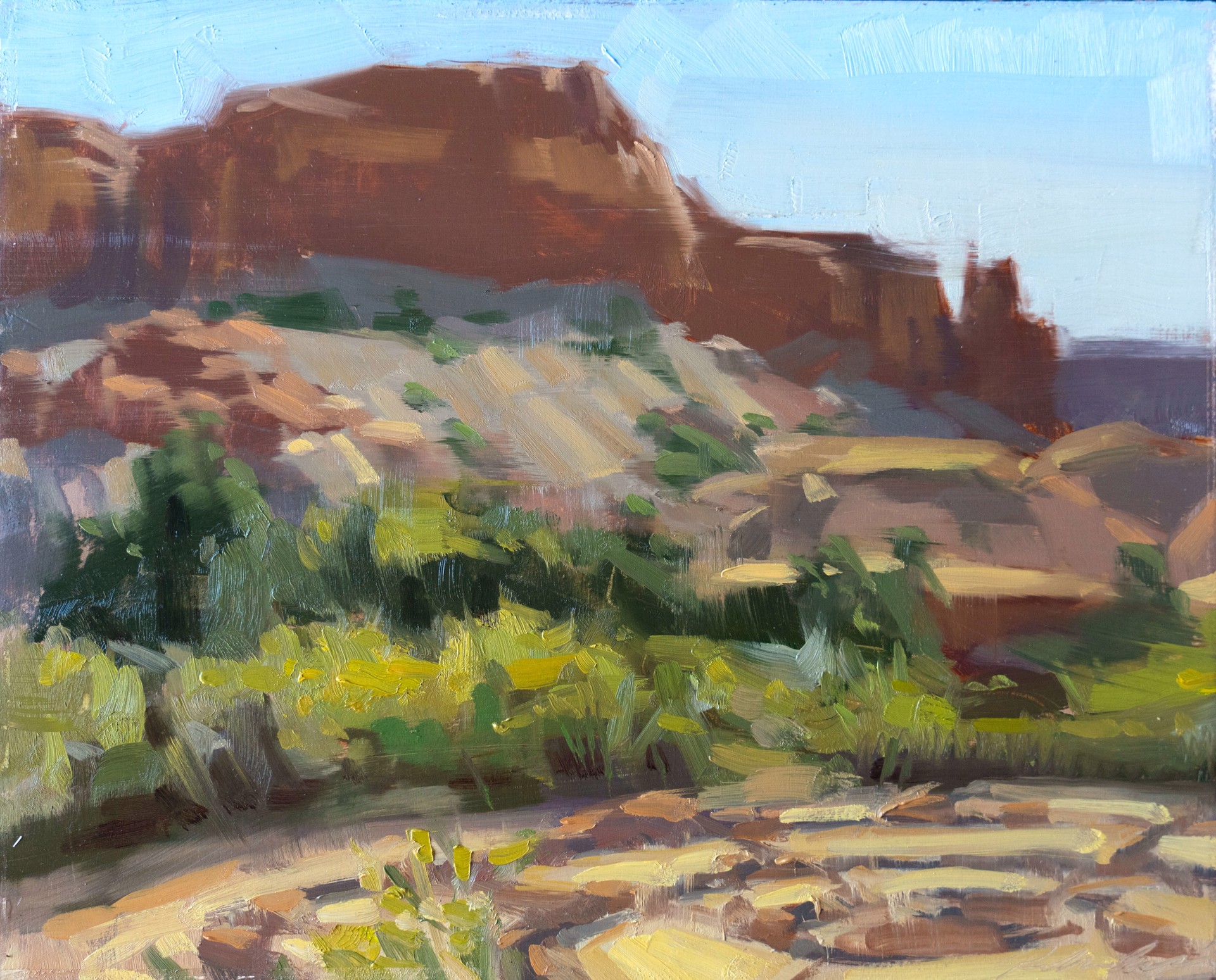 A painting of a desert landscape with a mountain in the background.