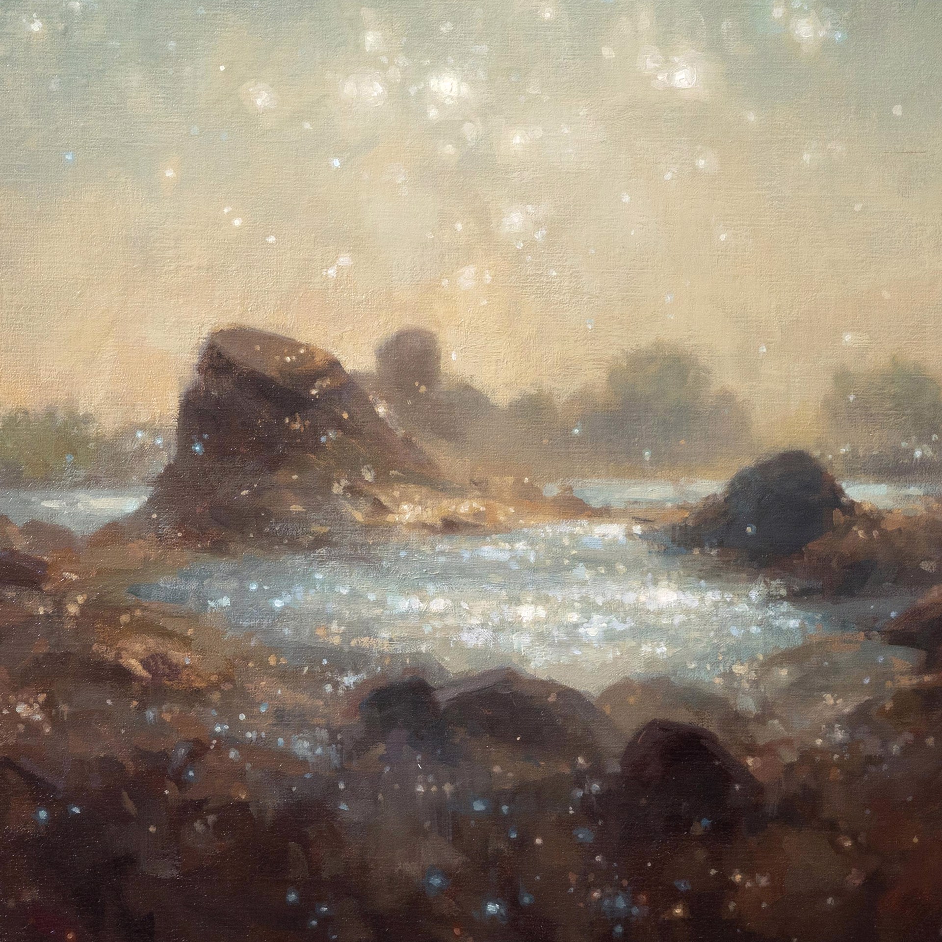 A painting of a rocky landscape with a starry sky.