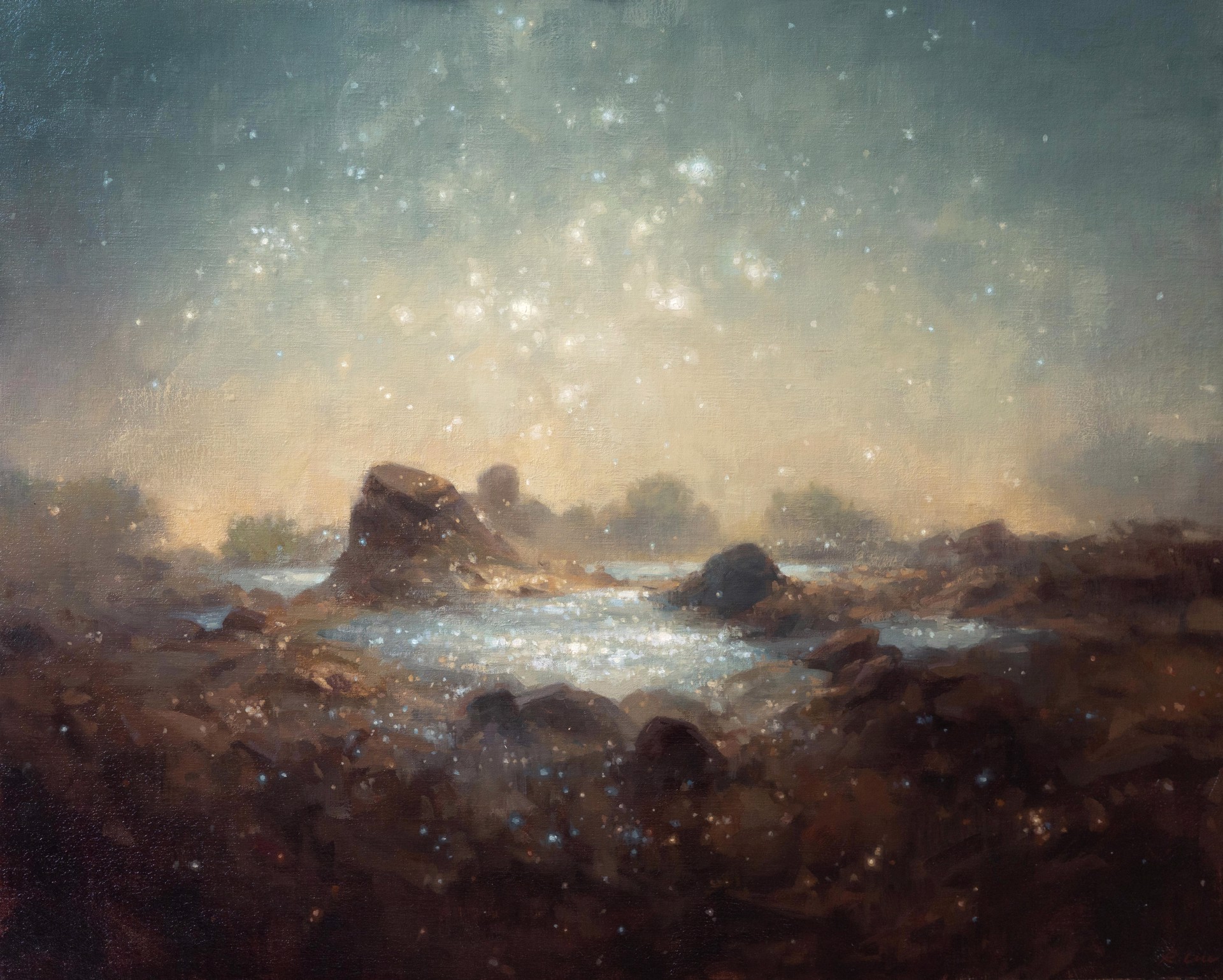 A painting of a rocky landscape with a starry sky.