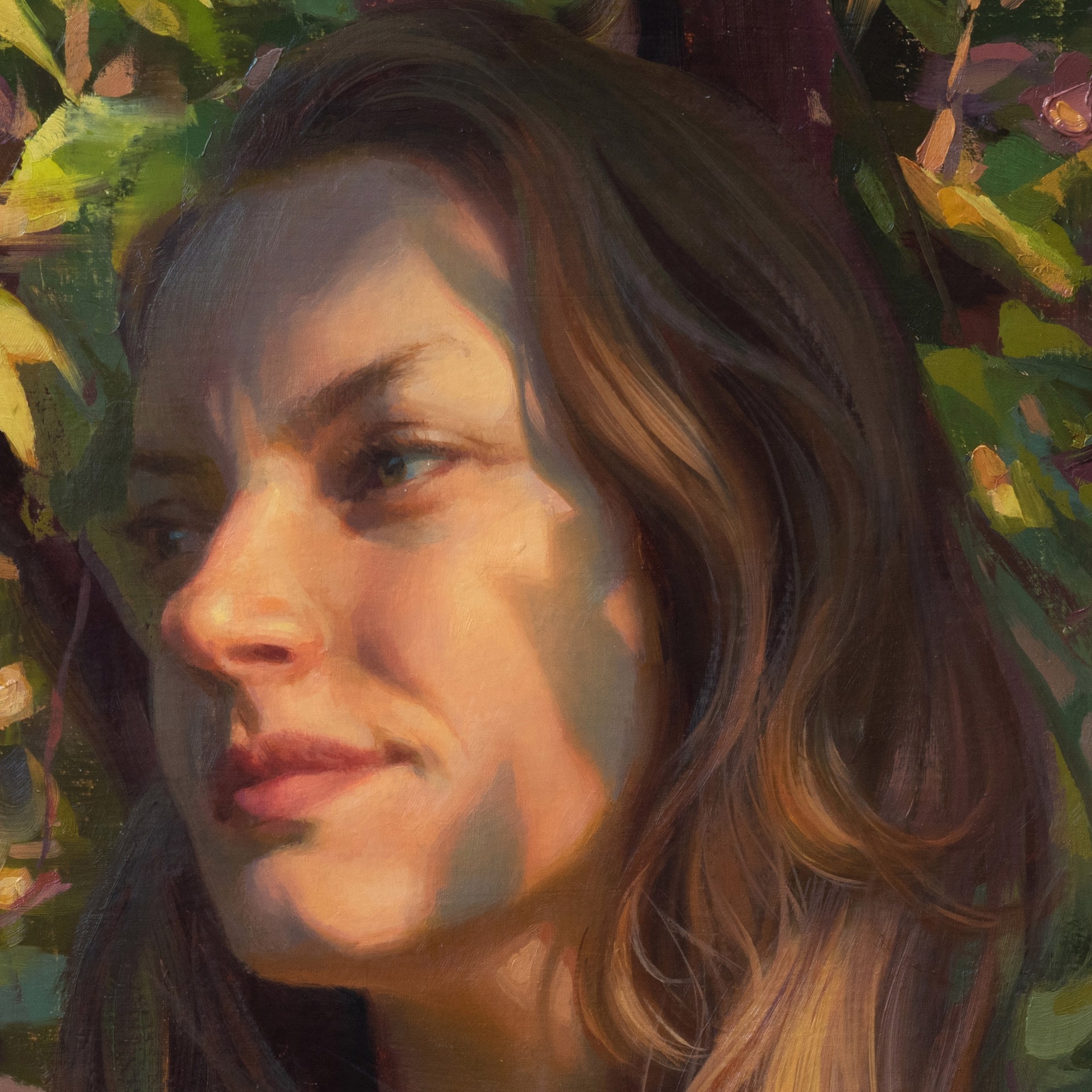 A painting of a woman with long brown hair.