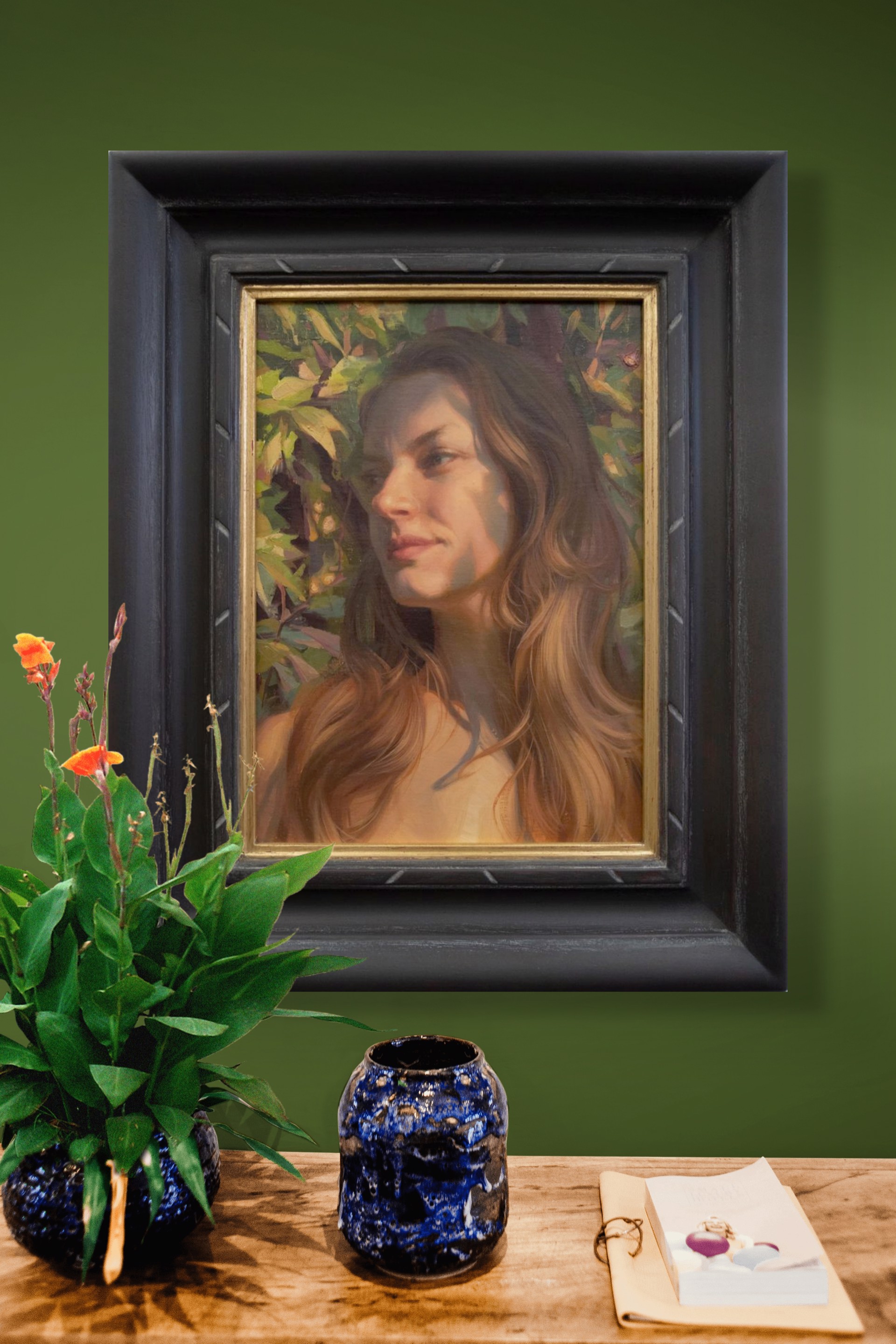 A painting of a woman with long brown hair.