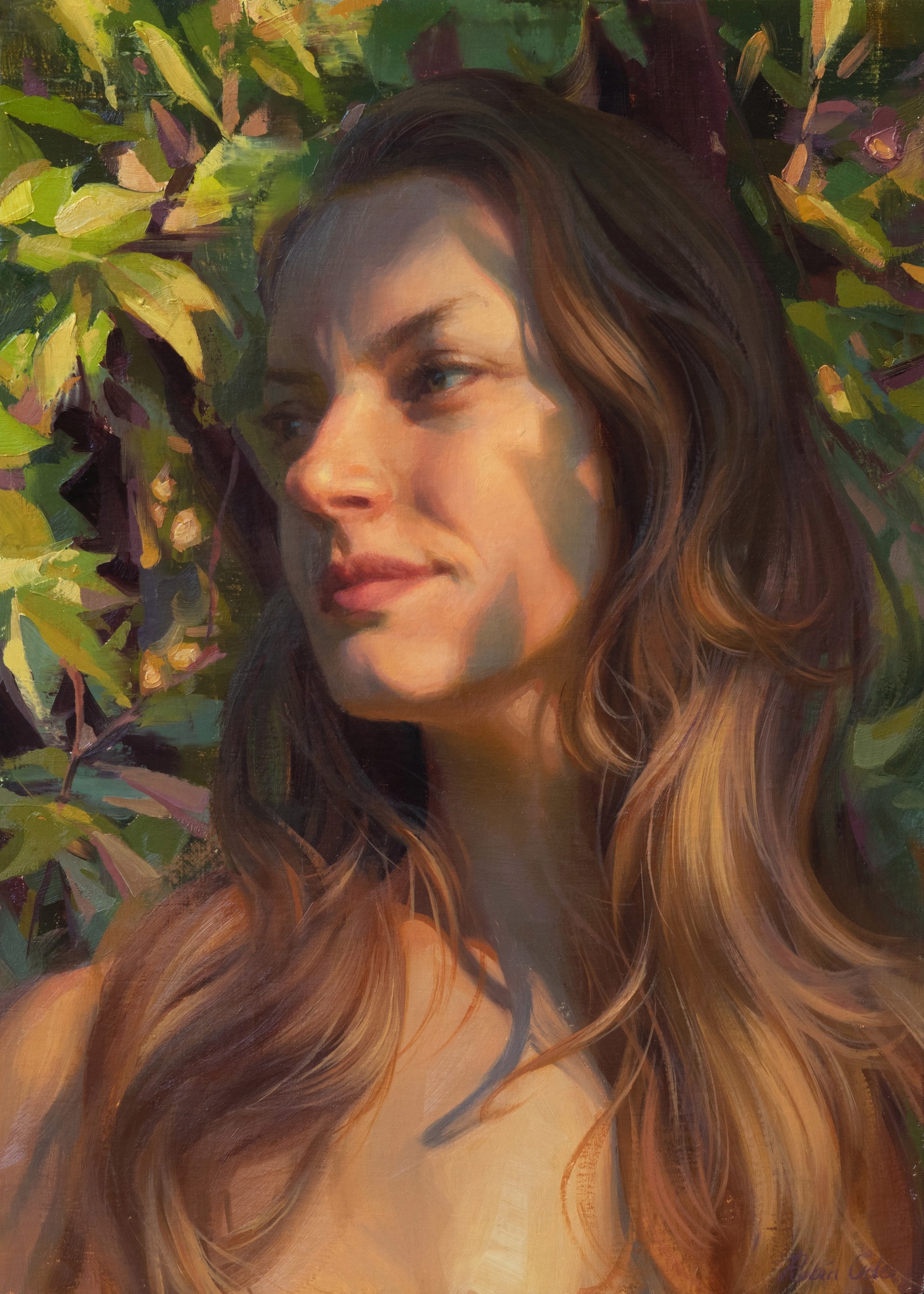 A painting of a woman with long brown hair.
