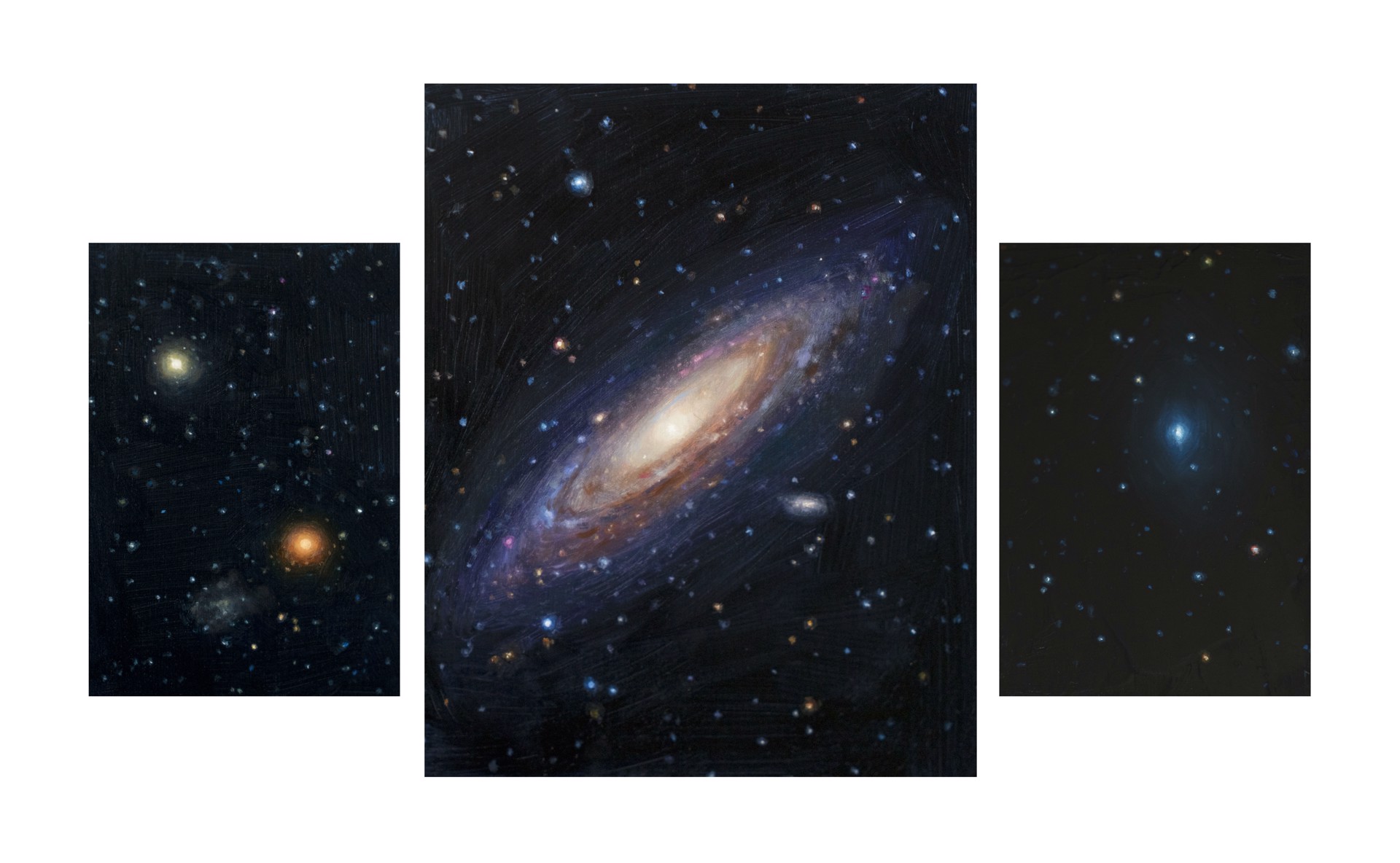 A group of three pictures of a spiral galaxy in the sky.