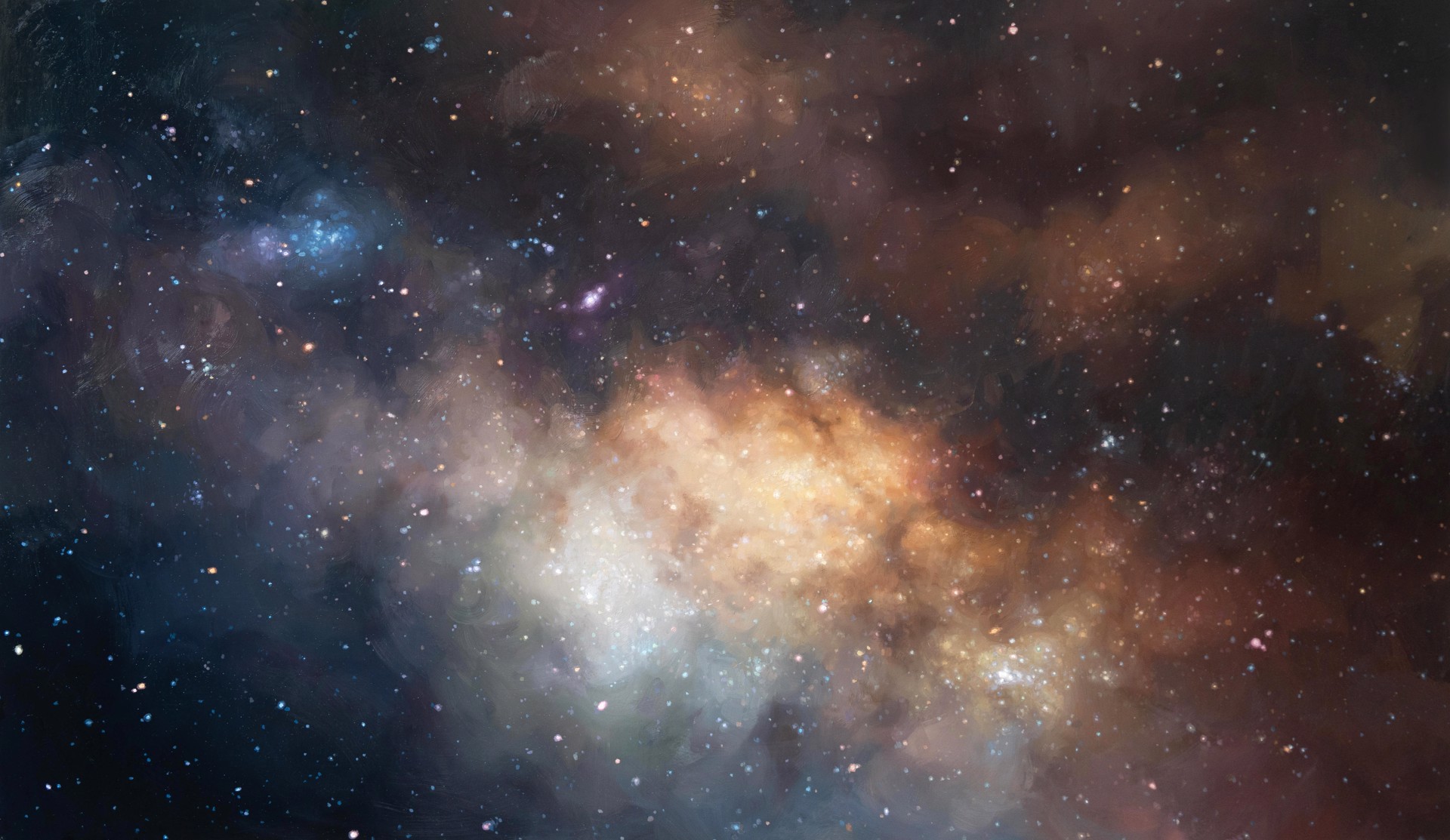 A cosmic nebula scene featuring a glowing central cloud surrounded by dark space and scattered stars.