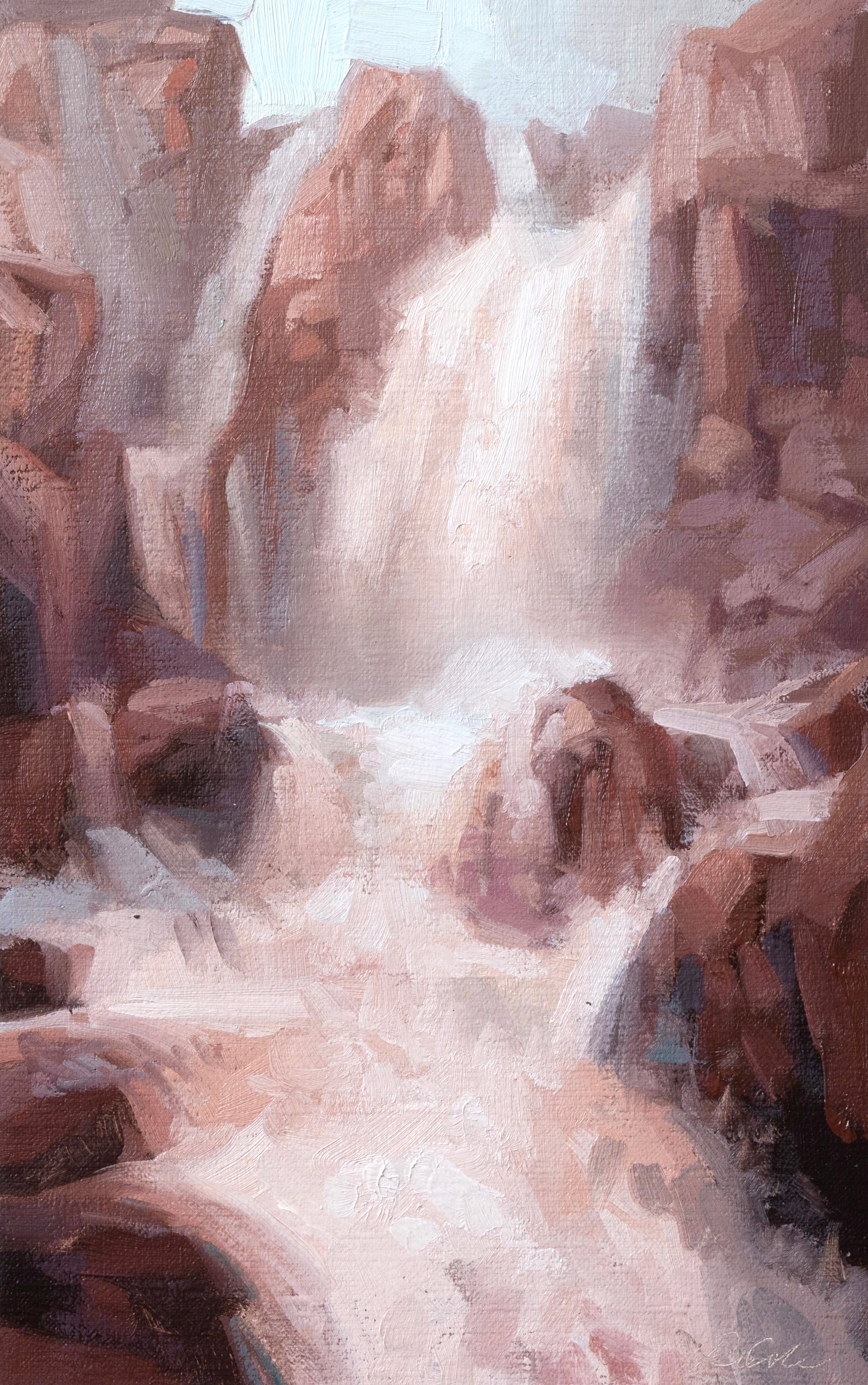 A painterly landscape of a waterfall cascading through reddish rock formations.