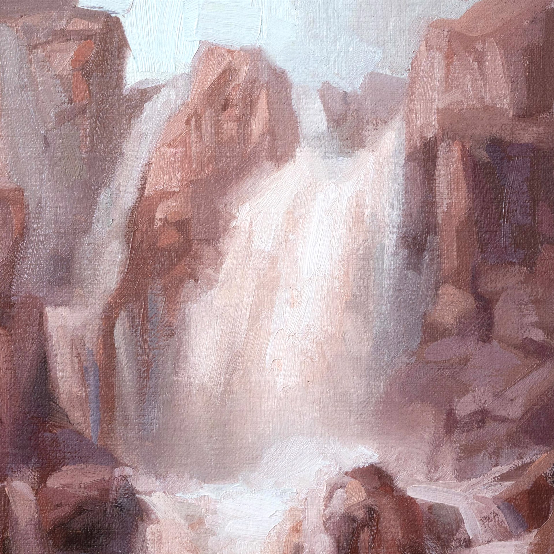 A painterly landscape of a waterfall cascading through reddish rock formations.