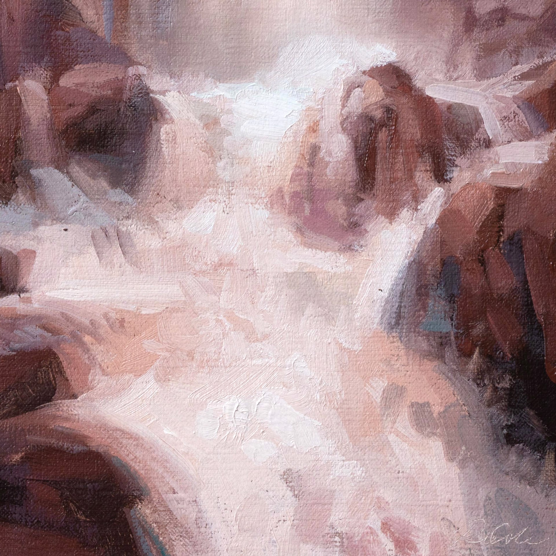 A painterly landscape of a waterfall cascading through reddish rock formations.