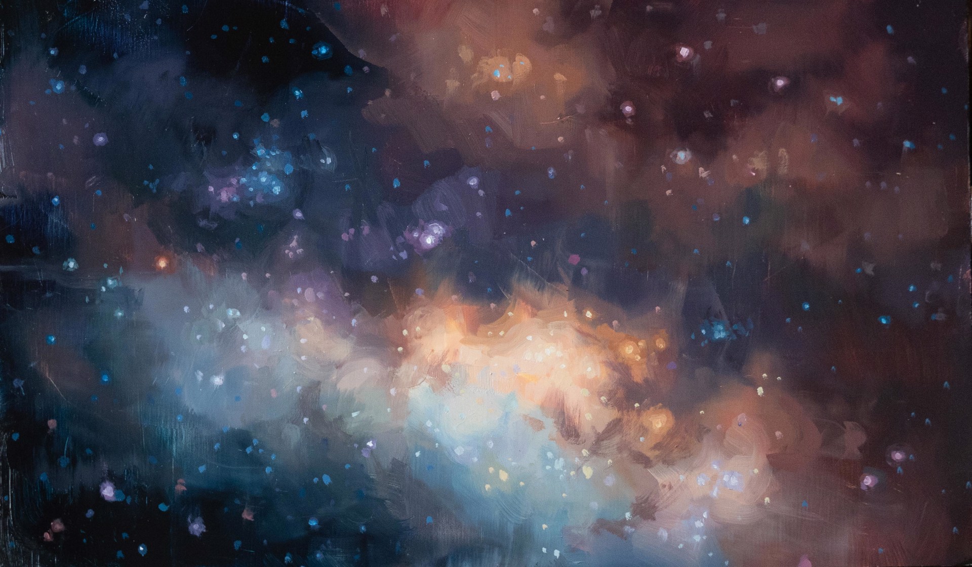 A cosmic nebula painting featuring swirling clouds of gas and starry space.