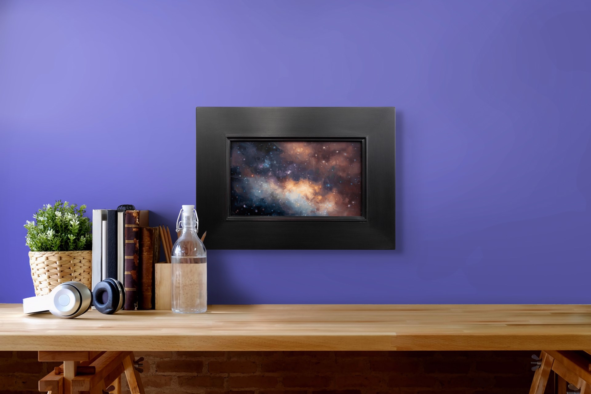 A cosmic nebula painting featuring swirling clouds of gas and starry space.