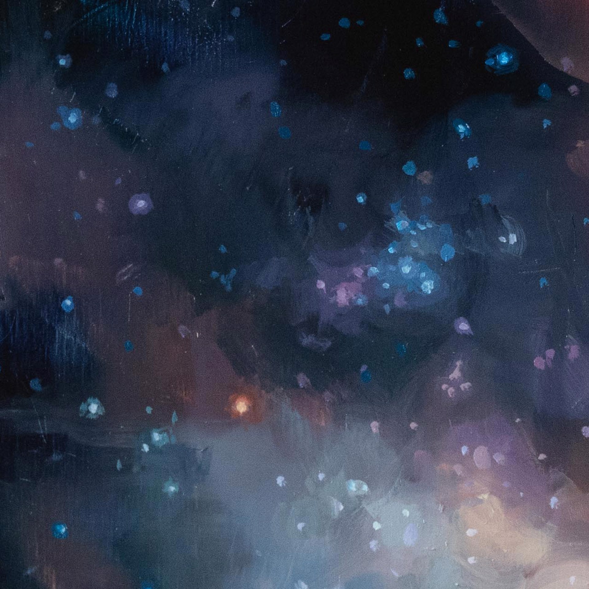A cosmic nebula painting featuring swirling clouds of gas and starry space.