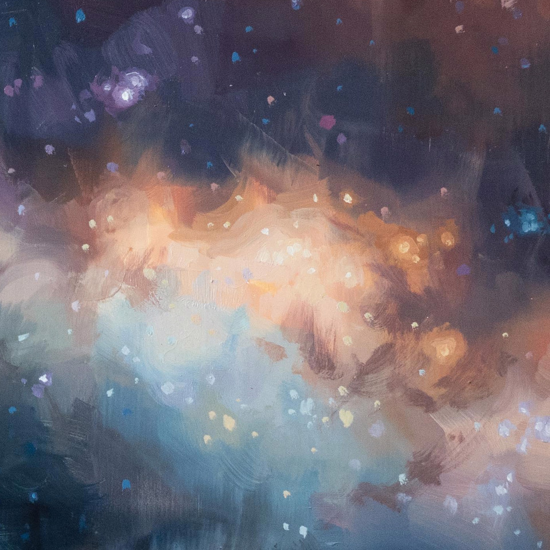 A cosmic nebula painting featuring swirling clouds of gas and starry space.