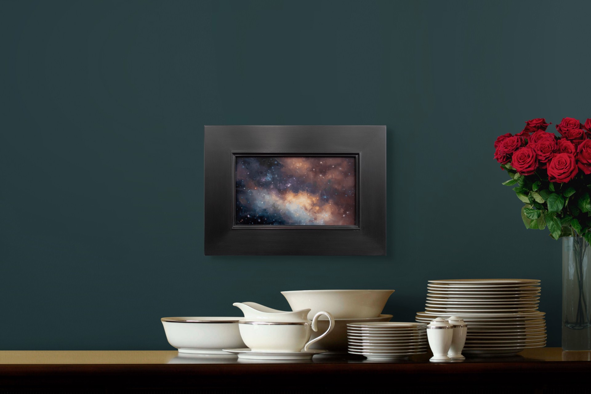 A cosmic nebula painting featuring swirling clouds of gas and starry space.