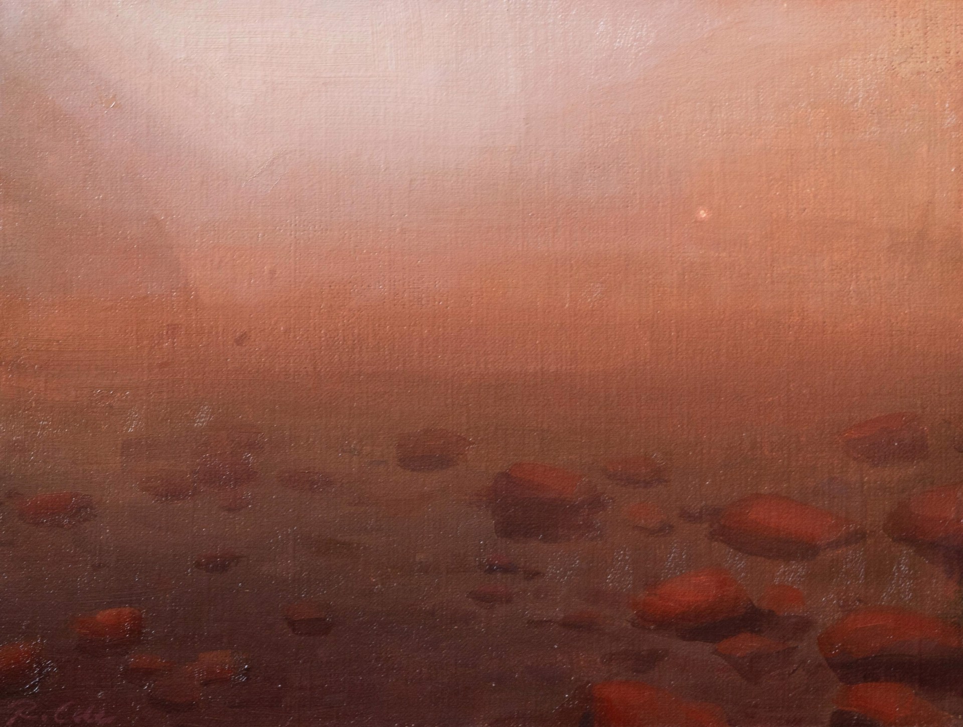 A hazy, atmospheric landscape featuring a rocky shoreline under an orange sky.