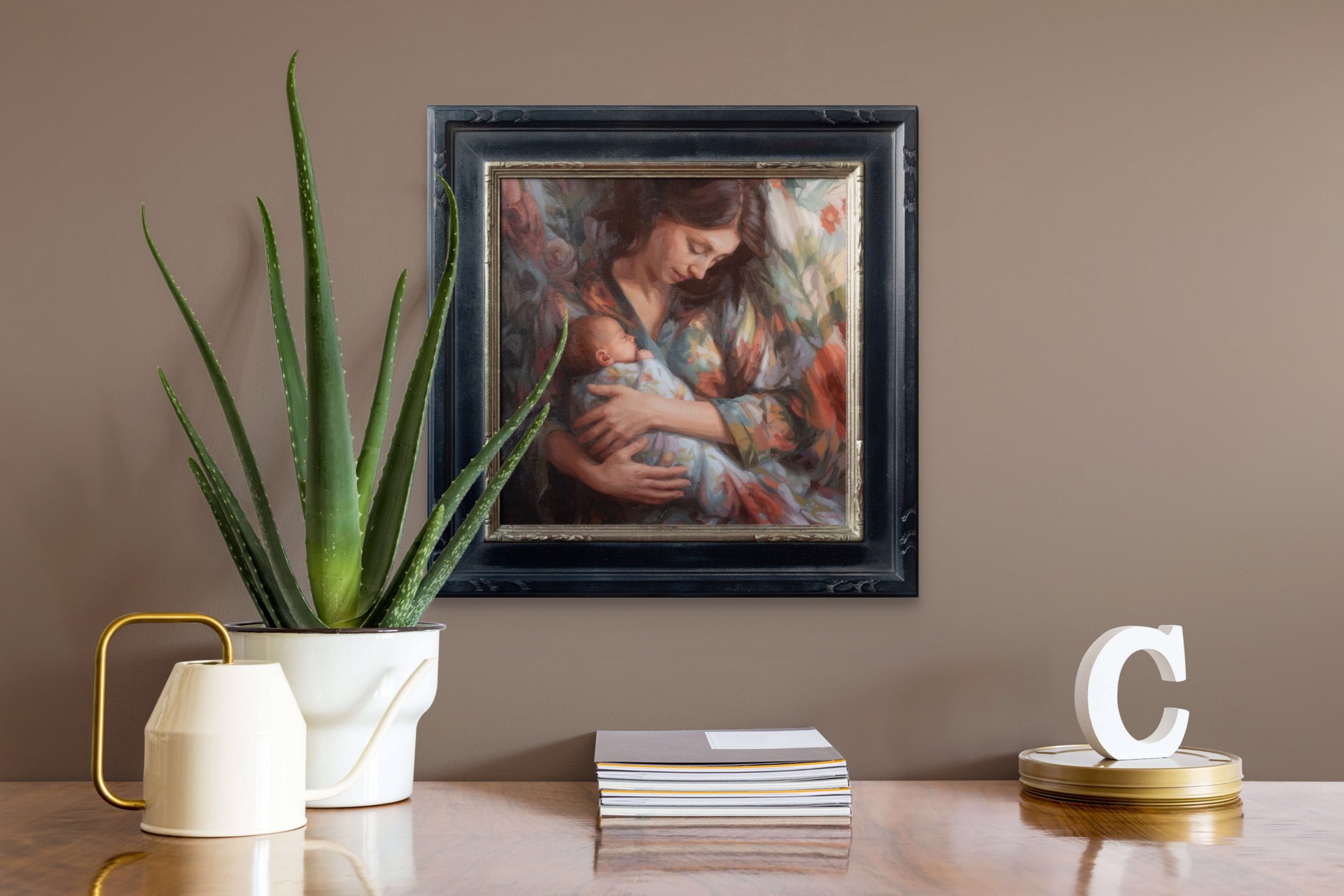 A painting of a woman holding a baby in her arms.