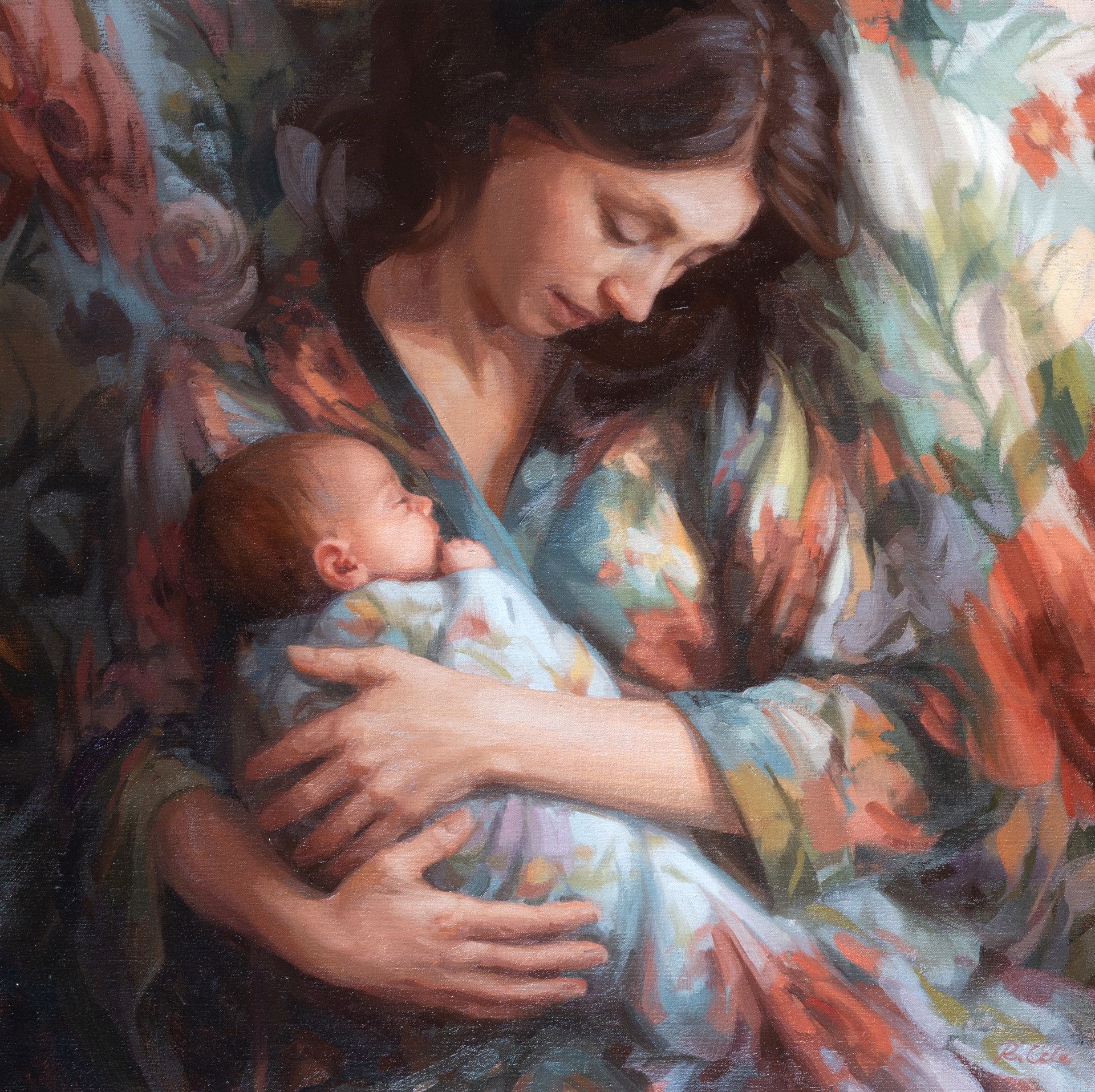 A painting of a woman holding a baby in her arms.