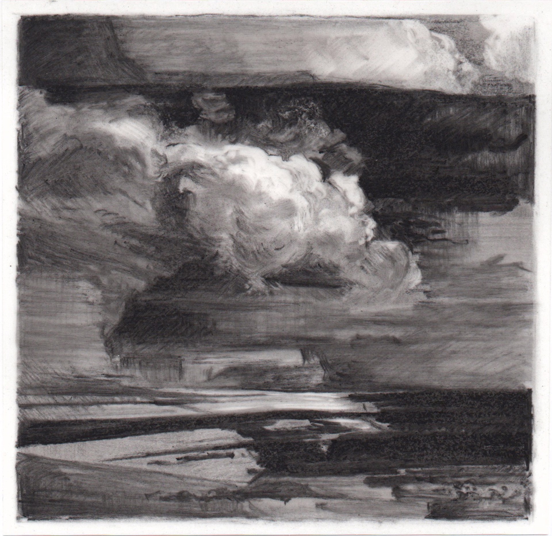 A black and white drawing of a cloudy sky.