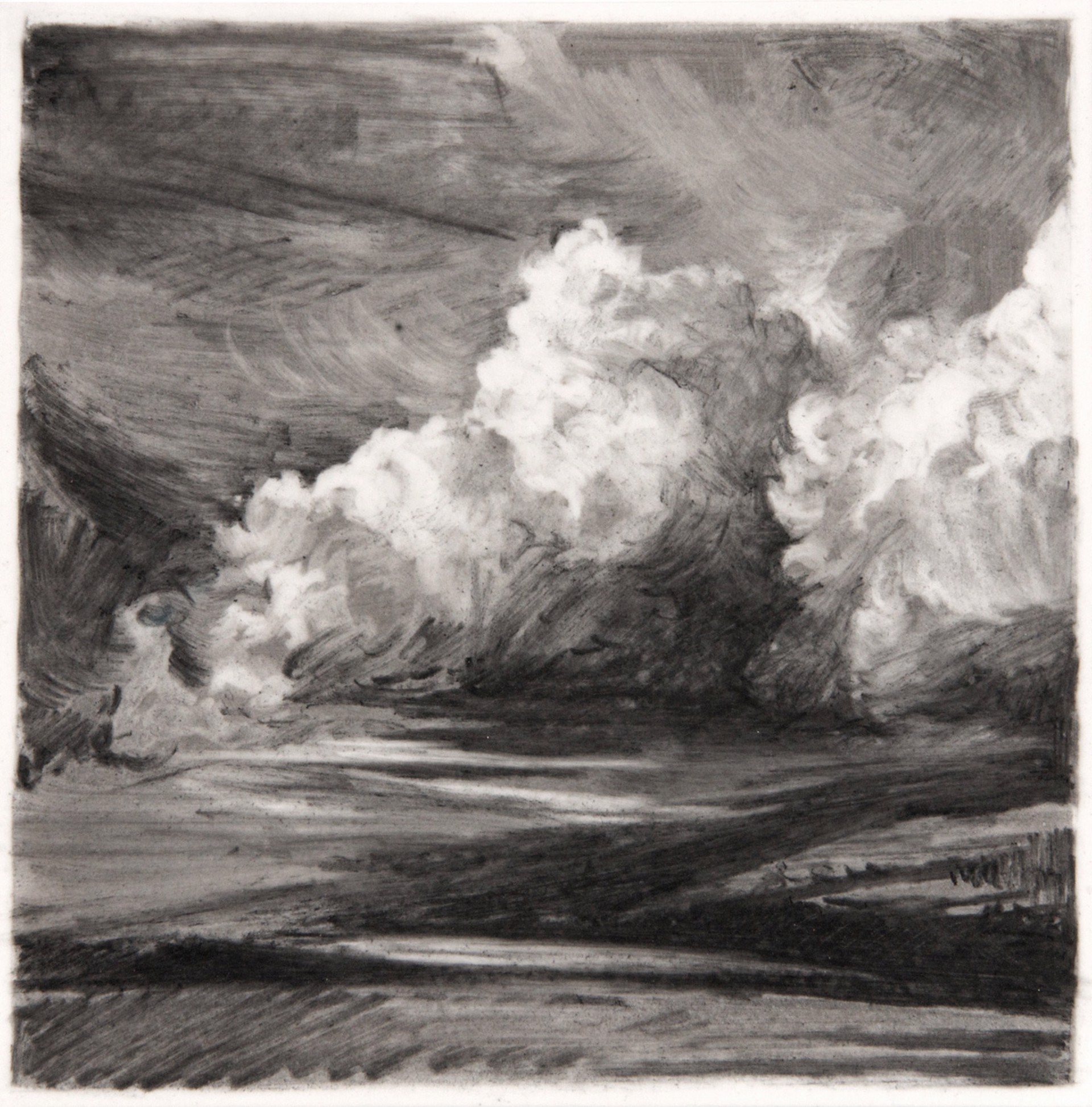 A monochromatic landscape sketch featuring a dramatic sky filled with billowing clouds over a dark, textured ground.