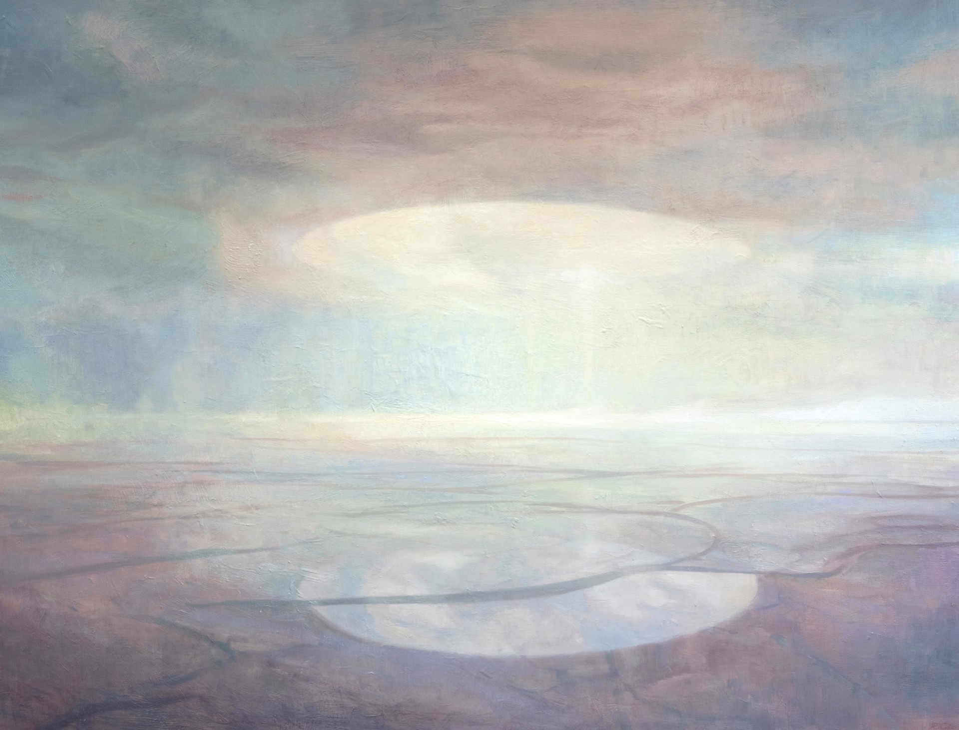 A dreamy landscape painting featuring a glowing orb hovering over a cracked, arid plain.