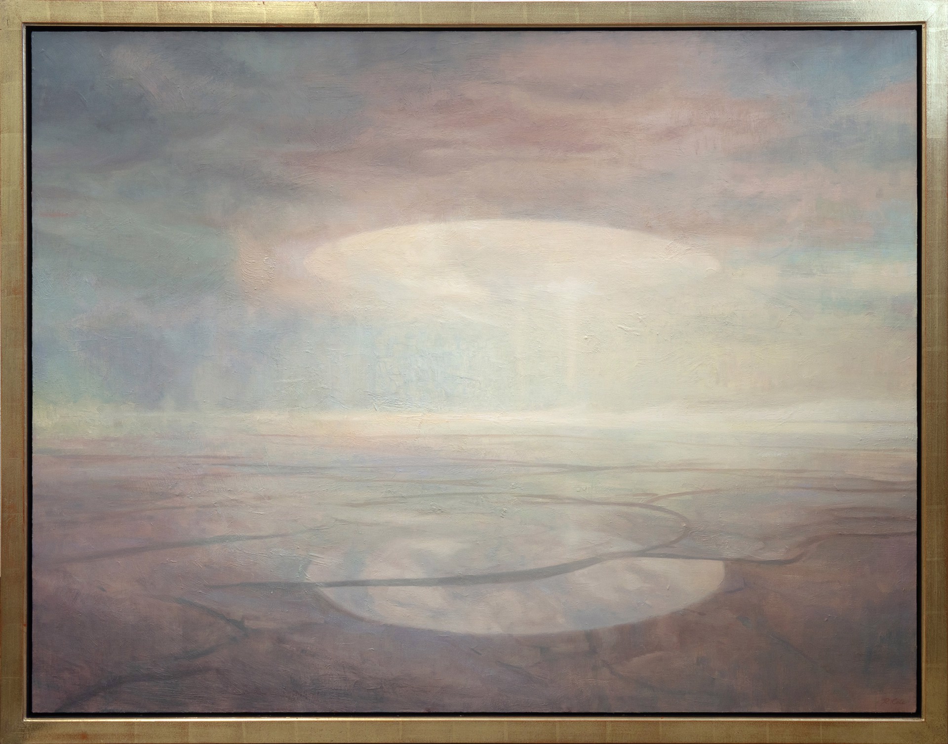 A dreamy landscape painting featuring a glowing orb hovering over a cracked, arid plain.