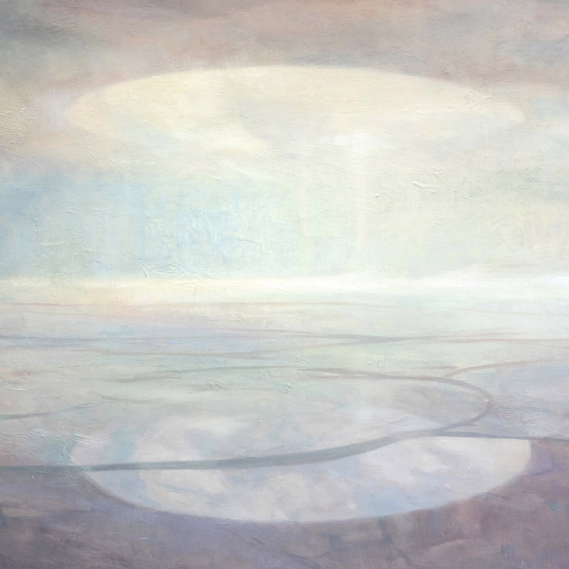 A dreamy landscape painting featuring a glowing orb hovering over a cracked, arid plain.