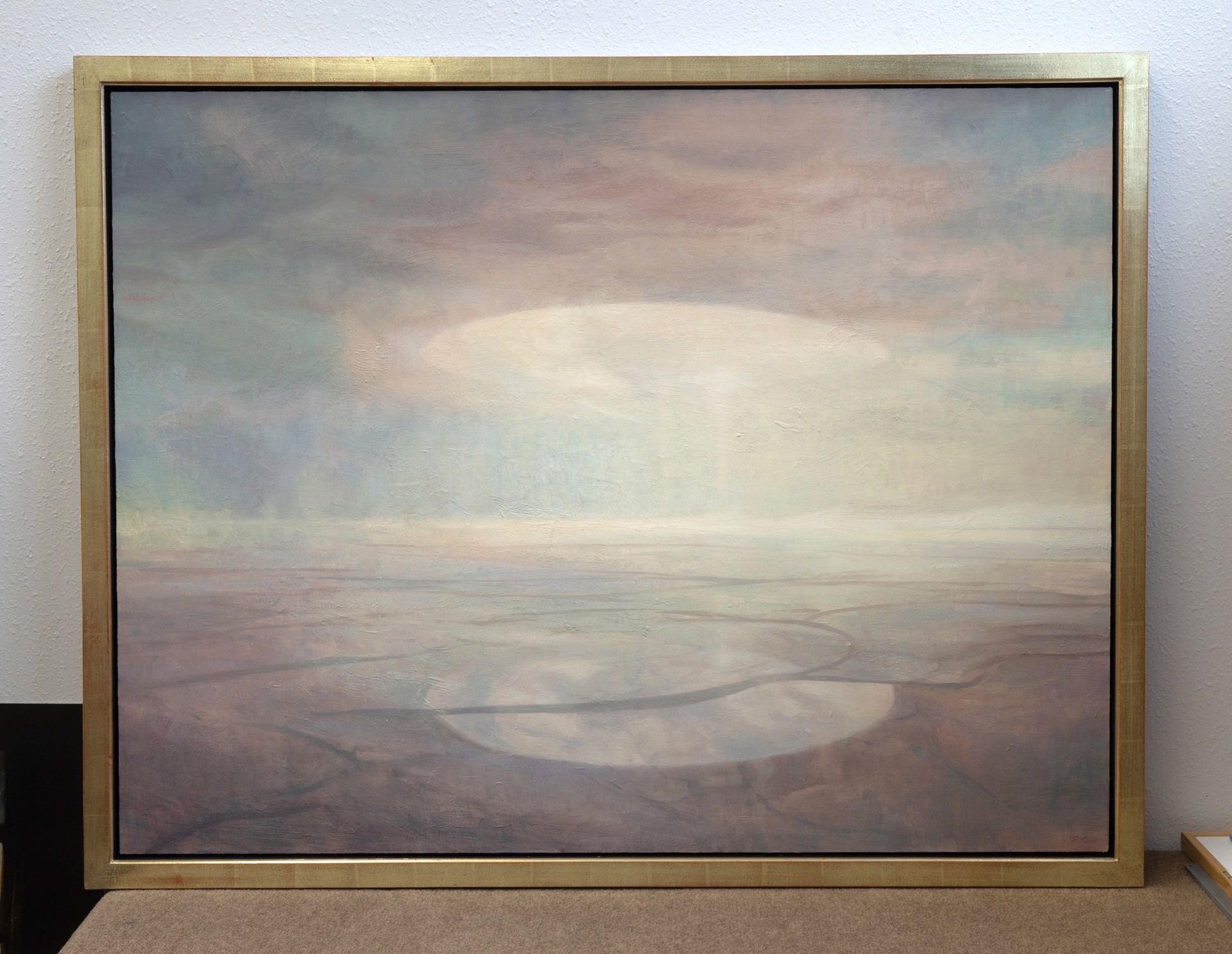A dreamy landscape painting featuring a glowing orb hovering over a cracked, arid plain.