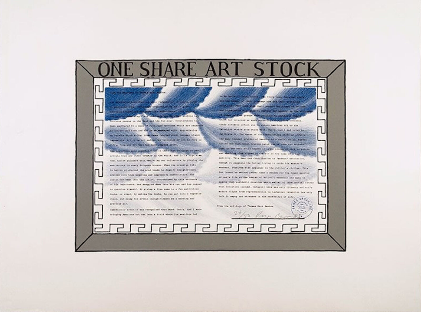 A framed one share art stock certificate on a white wall.