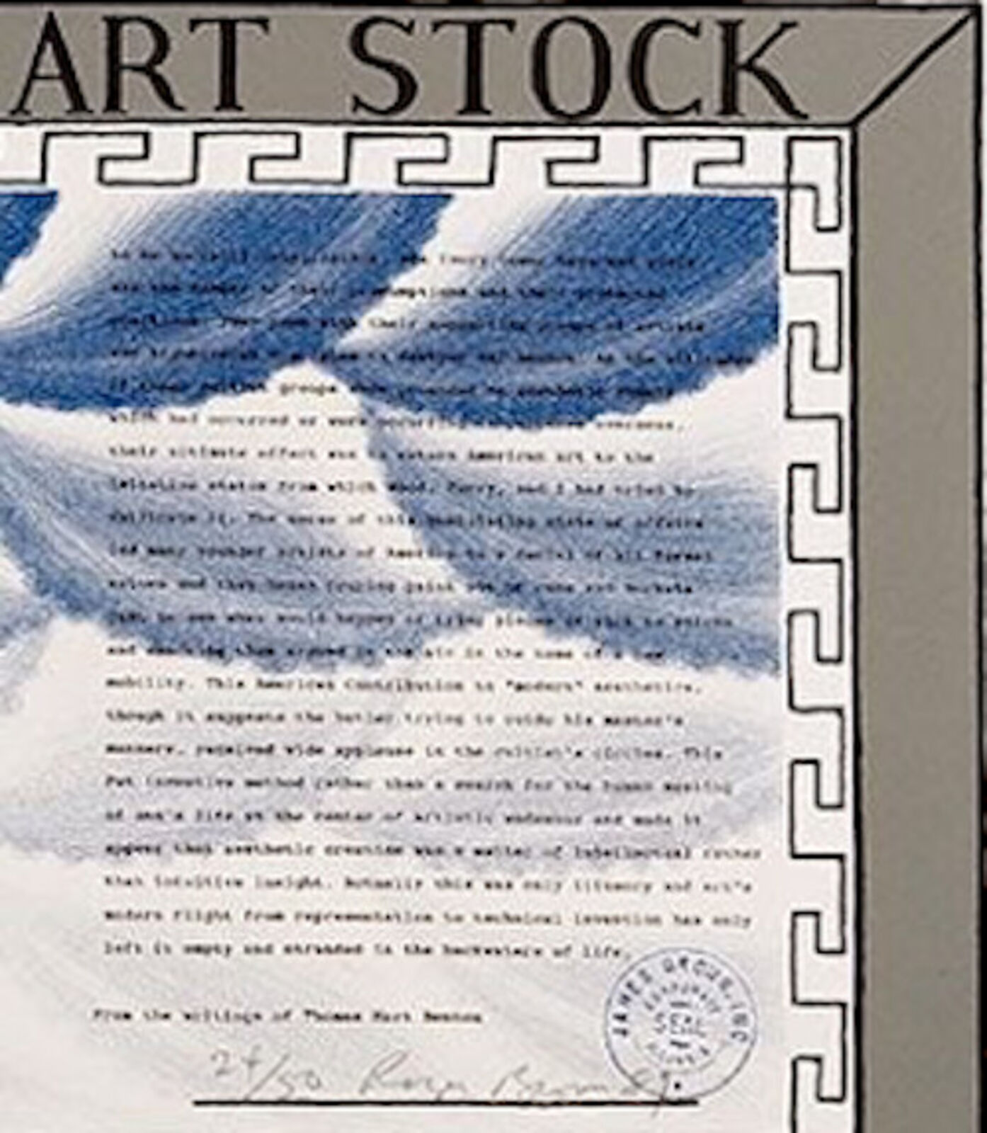 A framed one share art stock certificate on a white wall.
